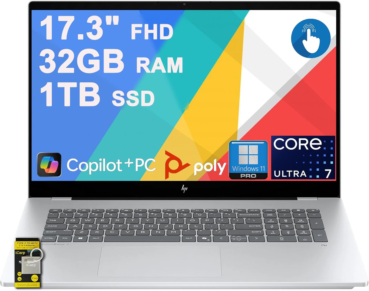 HP OmniBook 7 Laptop 17.3" FHD IPS Touch (400nits, 100% sRGB) Intel 8-core Ultra 7 258V (Up to 47 Tops) 32GB DDR5 4TB SSD for Creator Business Professional Backlit IR Camera Win11Pro ICP Hub