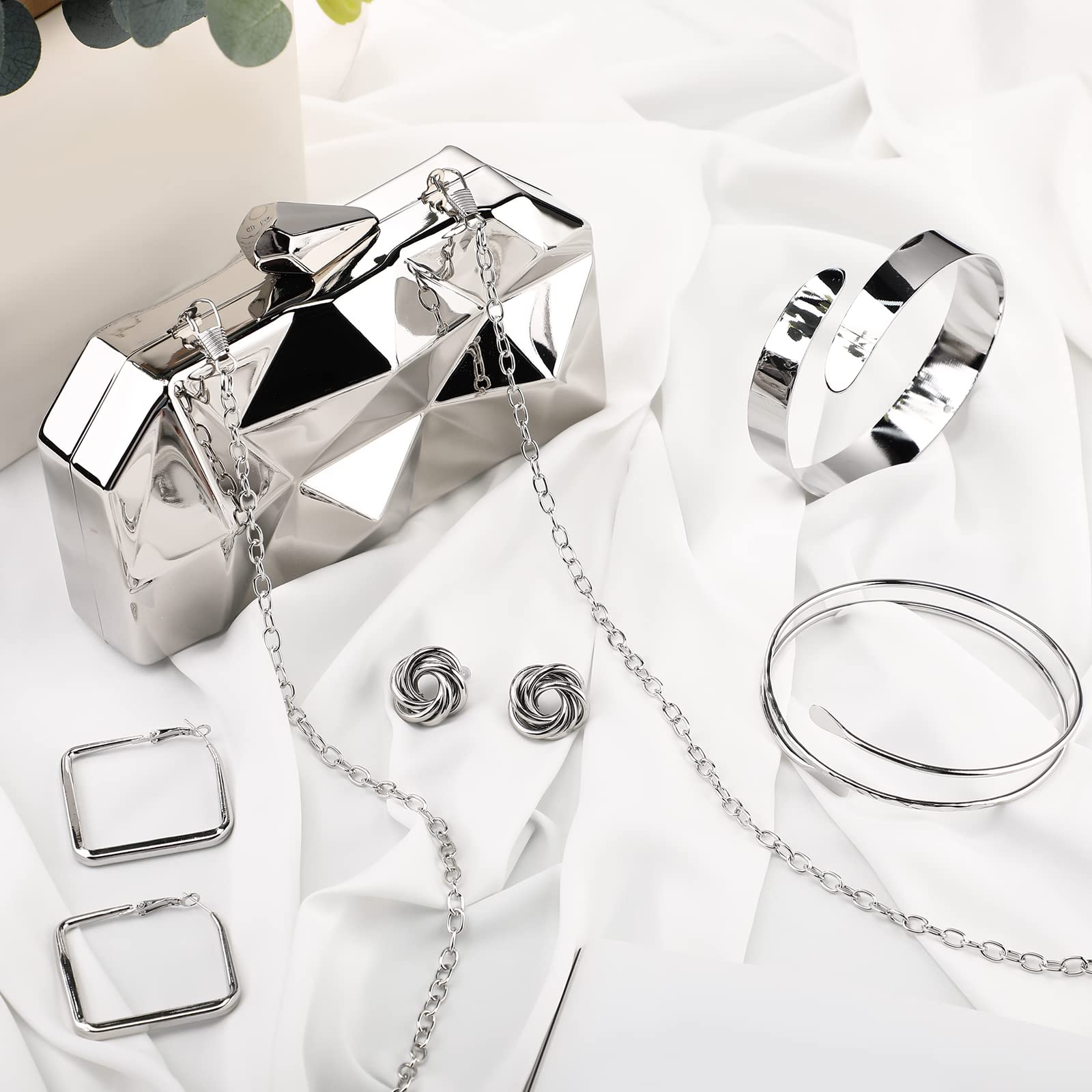5 Pcs Clutch Purse for Women Evening Prom Purses Metallic Handbag for Valentines Wedding Banquet Retro Jewelry Set: Silver