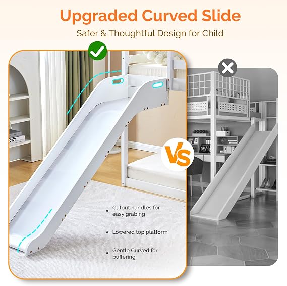 JOYMOR Bunk Bed with Curved Slide, Low Bunk Bed Twin Over Twin, Bunk Bed with Slide and Angled Ladder, Solid Pine Wood Slide Bed,14 Safety Guardrail, Anti-Slip Steps