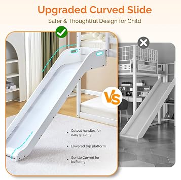 JOYMOR Bunk Bed with Curved Slide, Low Bunk Bed Twin Over Twin, Bunk Bed with Slide and Angled Ladder, Solid Pine Wood Slide Bed,14 Safety Guardrail, Anti-Slip Steps