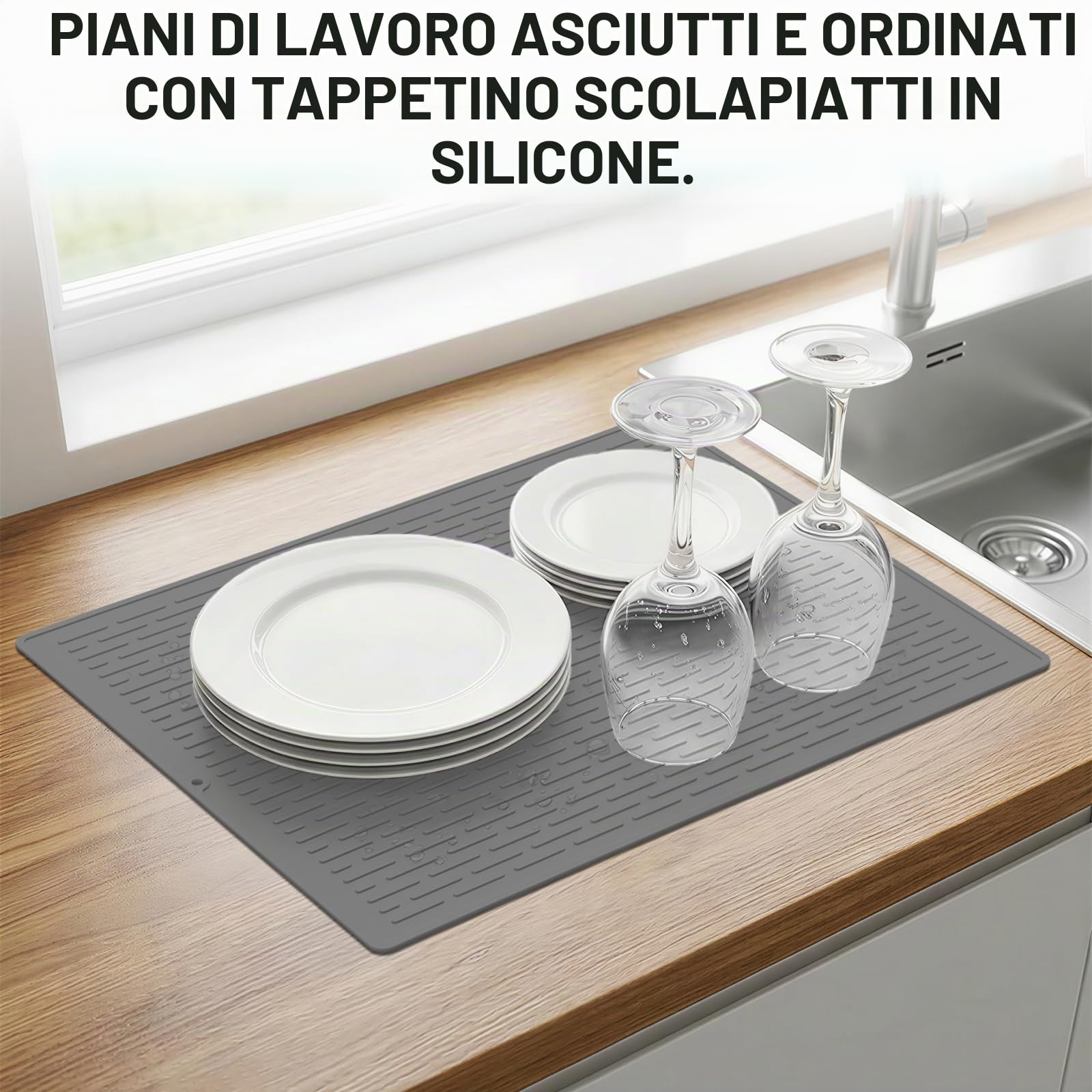 BLESWIN Tappetino Scolapiatti Extra Large in Silicone, 50 X 70 cm, Antiscivolo, Resistente al Calore E Facile da Pulire, Adatto per Piani di Lavoro, Lavelli E Frigoriferi (Grigio)