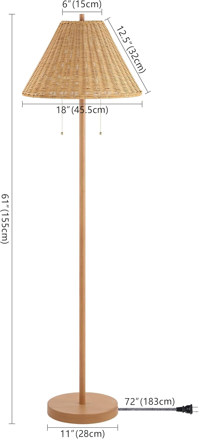 JONATHAN Y JYL3092A Nando 61" 2-Light Coastal Bohemian Iron/Rattan LED Floor Lamp with Pull-Chain Mid-Century, Modern Standing Reading Lamp LED Bulb Included, Brown Wood Finish