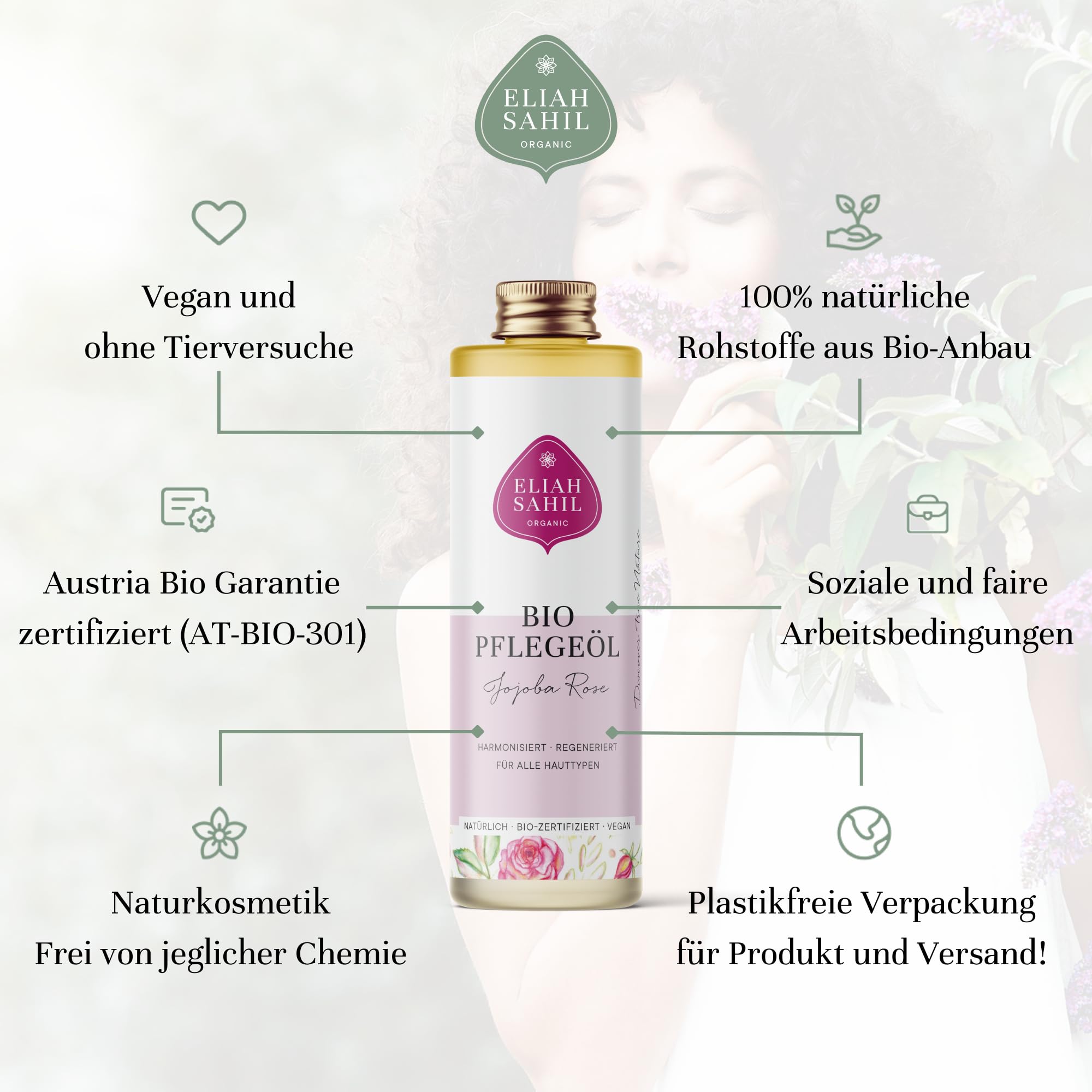 ELIAH SAHIL Olio biologico per corpo e capelli Jojoba & Rose 100 ml | 100% olio di jojoba spremuto a freddo e olio di rosa, capelli setosi e pelle morbida, certificato vegano e biologico, bottiglia di