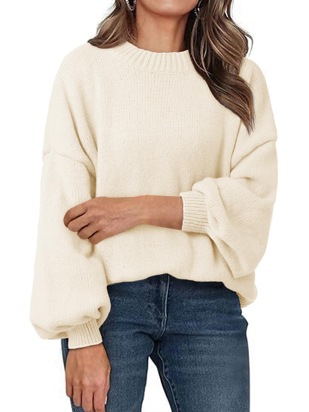 Saodimallsu Womens Oversized Sweaters Casual Lantern Long Sleeve Mock Neck Chunky Knit Loose Fall Pullove Tops