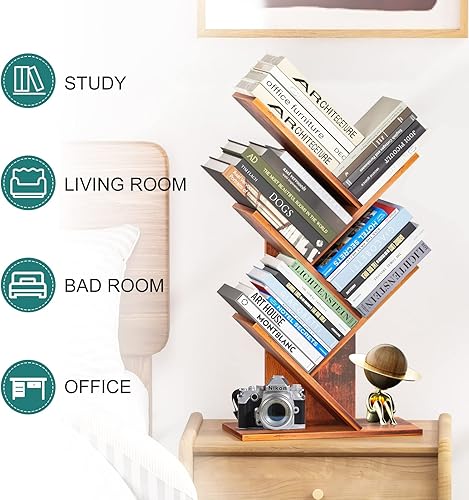 Miniatura 7 de ZRWD Estantería de árbol de 5 niveles, organizador de almacenamiento de libros, estante de almacenamiento de madera para oficina, hogar, escuela,