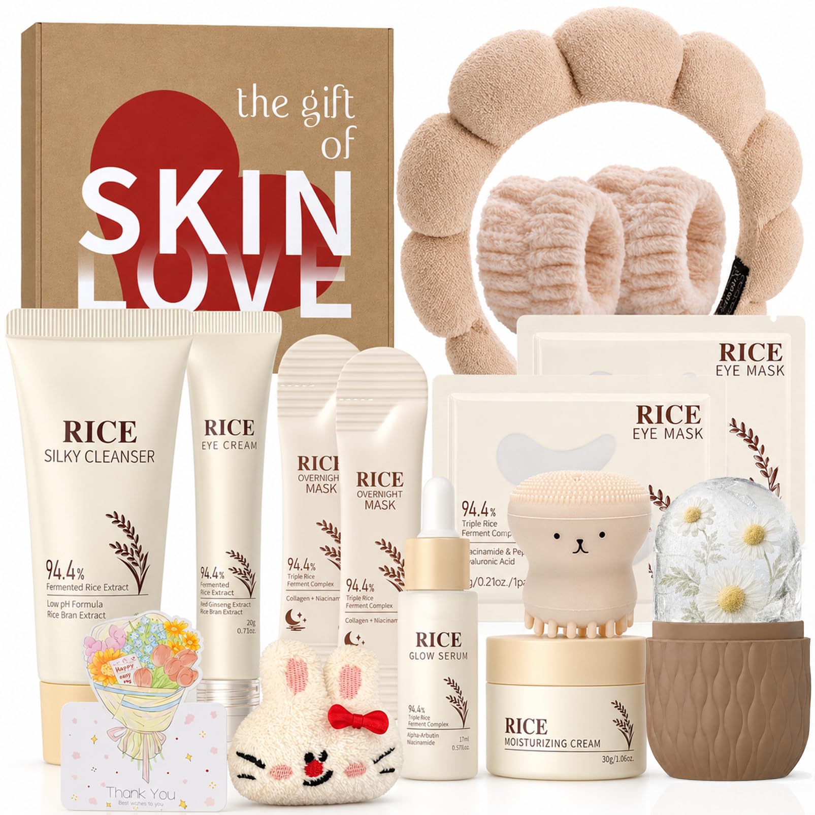 Photo 1 of 14PCS Complete Korean Skin Care Set for Kids 10-12 - Rice Skincare Kit with - Face Wash, Serum, Moisturizing Cream, Eye Cream, Masks, Brush & Headband, Travel Facial Gift Box Skin Care for Teens Women