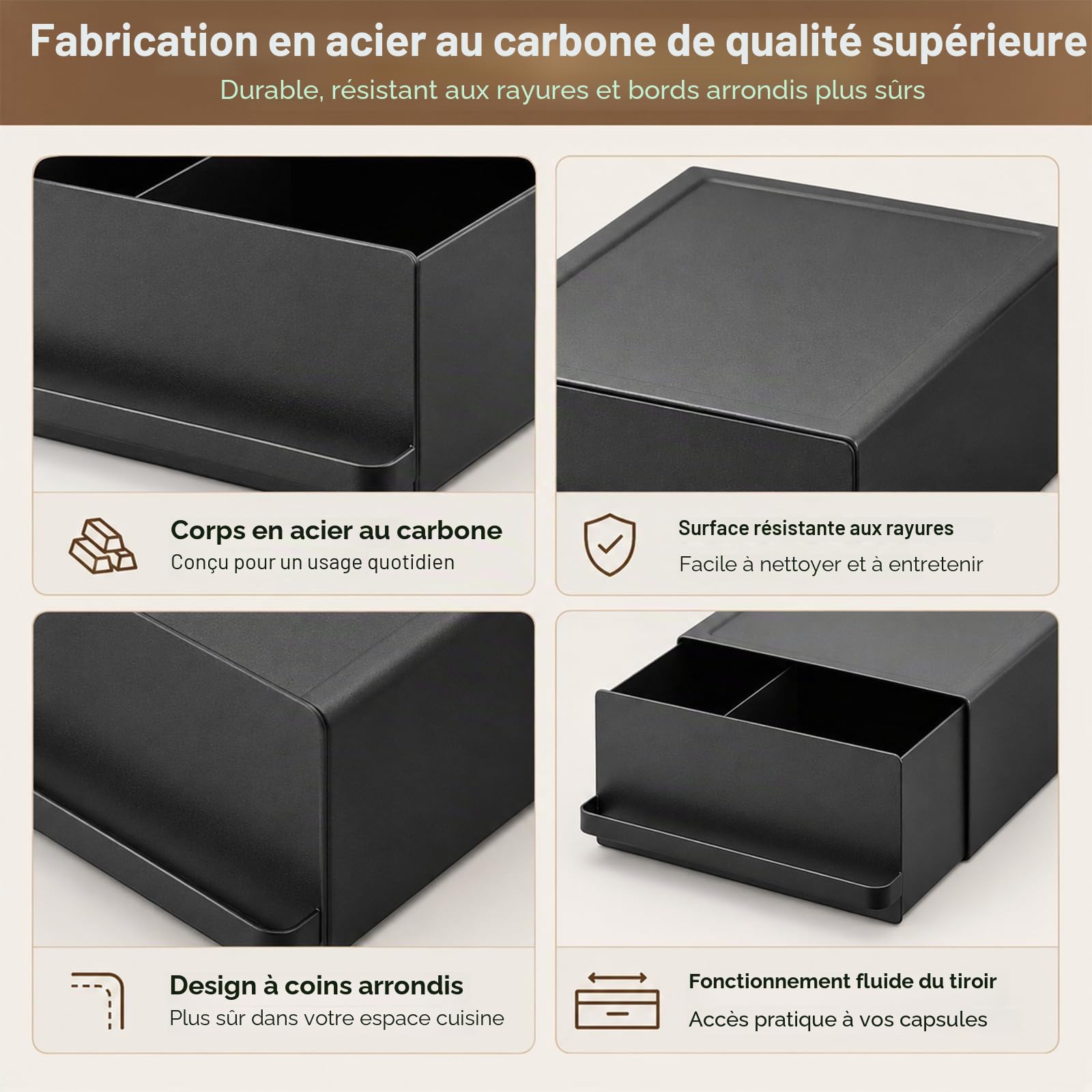 Porte-capsules de café, 27,5 x 22,2 x 11,5 cm, avec tiroir, fabriqué en acier au carbone, capacité de charge de 11 kg, organisateur de café pour machine à café, mixeur, bouilloire