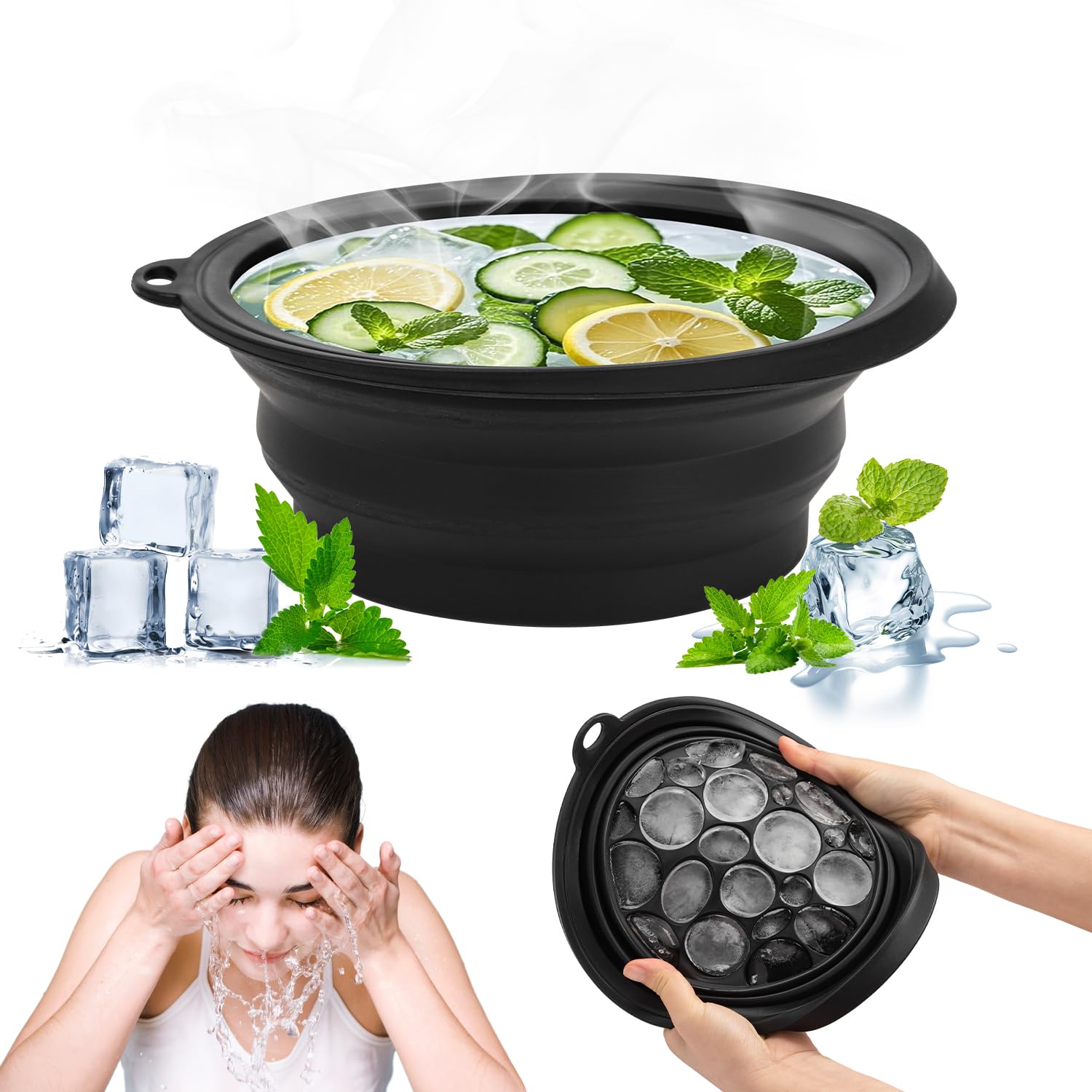 Kunoli - Cuenco de baño de hielo plegable de silicona con bandeja para cubitos de hielo integrado para la cara, ideal para el hogar y los viajes (negro)