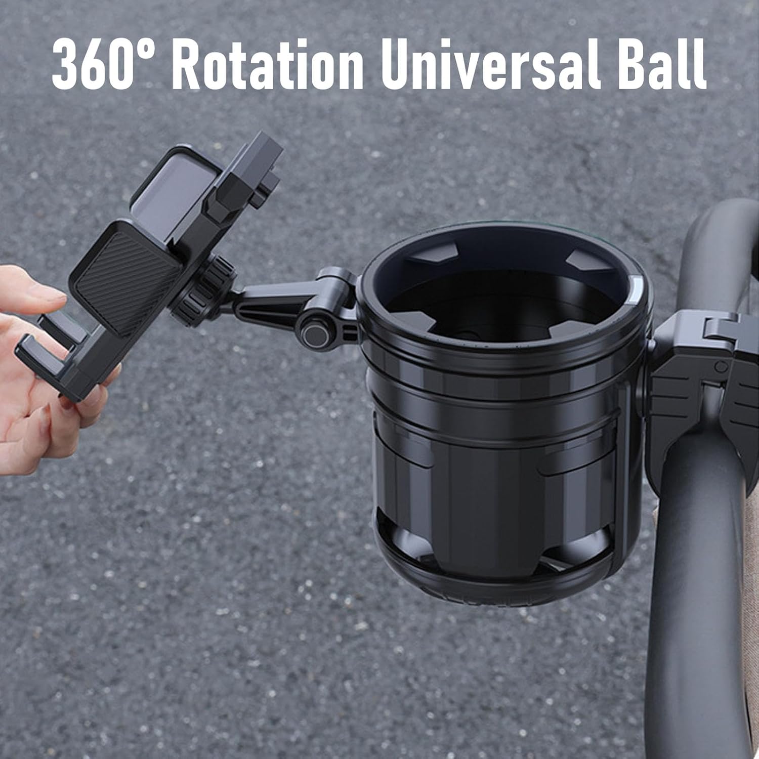 Yoidesu Stroller Cup Phone Holder, 360Rotatable Foldable Stroller Water Bottle Holder, Universal Cup Mount Secures Drinks for Walker, Wheelchair, Bike
