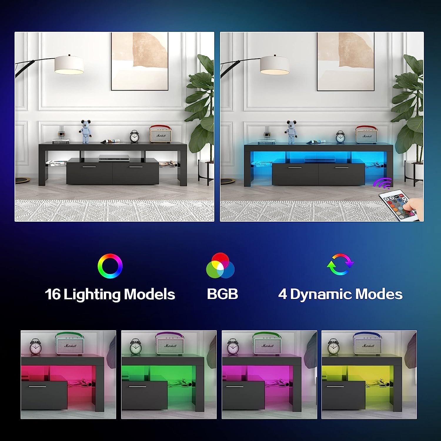 Black 63 Inch Floating TV Stand with Two Drawers & 16-Color LED Lights, Large Modern Entertainment Center for TVs Up to 75 Inches, Wooden Media Console with Open Shelf