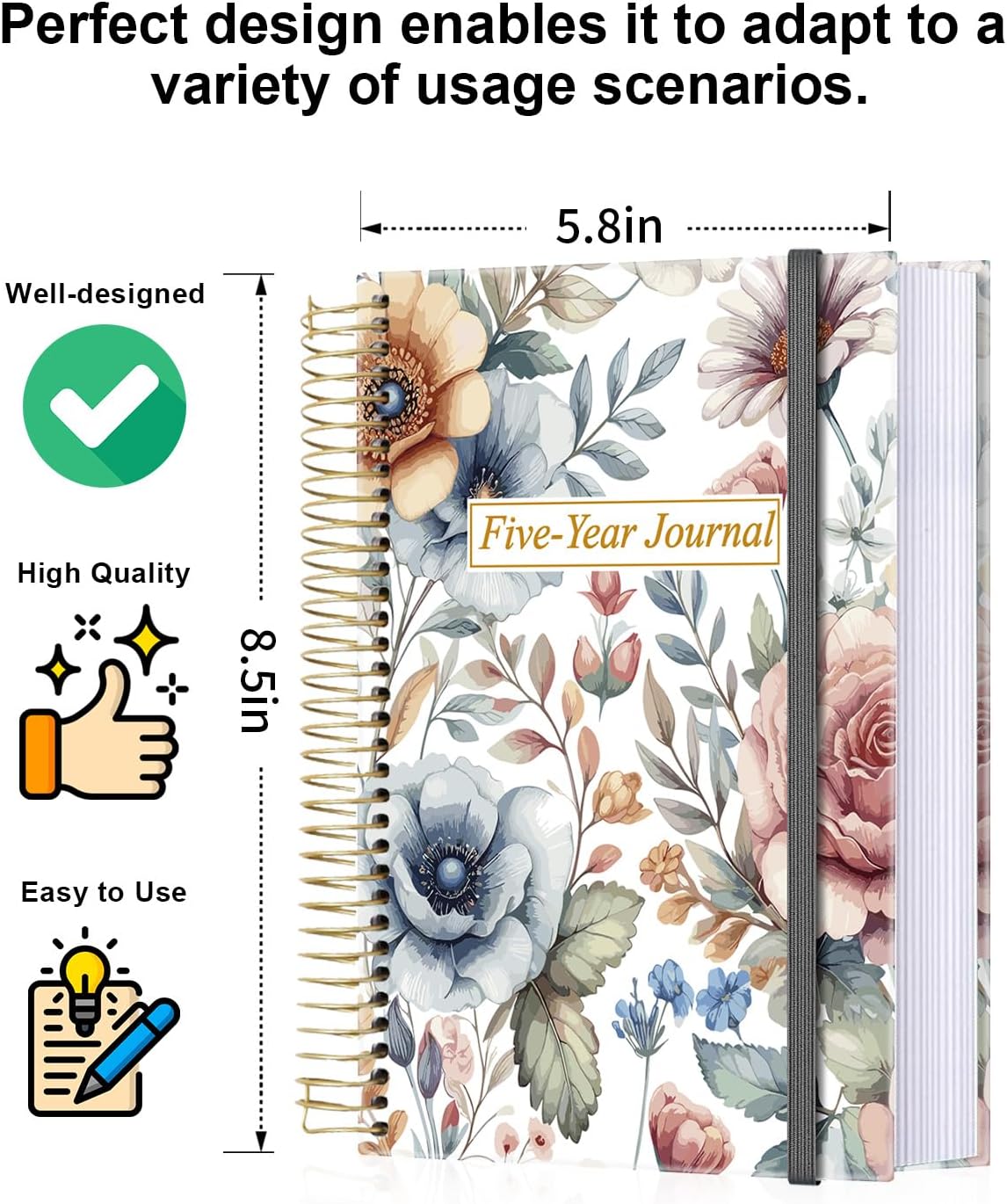 5 Year Journal | One Line a Day Jouranl | Quick and Easy Five Year Daily Journal System | Five Year Day by Day Planner for Woman & Man, 5.8" x8.5", Colorful Large Flower