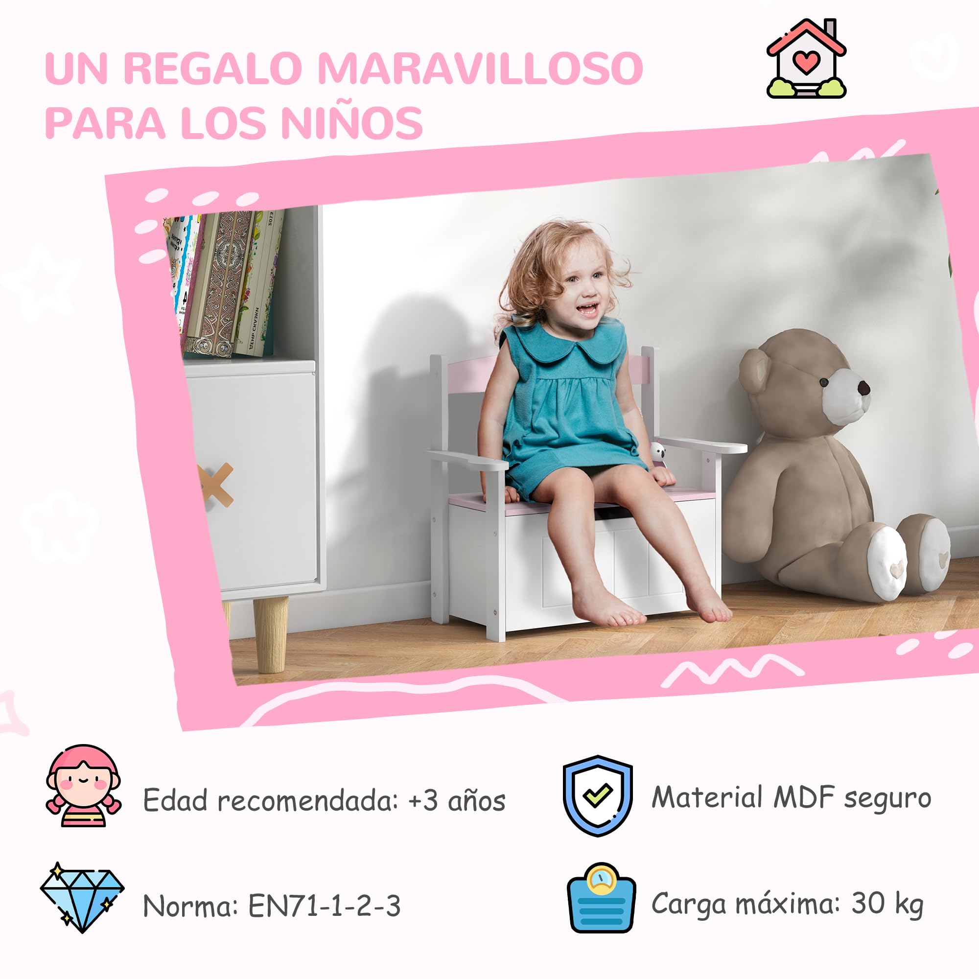 AIYAPLAY Baúl para Juguetes Infantil, Banco Almacenaje para Niños, con Respaldo y Tapa Amortiguadora, Carga 30 kg, para Salas de Juego, Dormitorio, 68,5x34x58 cm, Rosa y Blanco