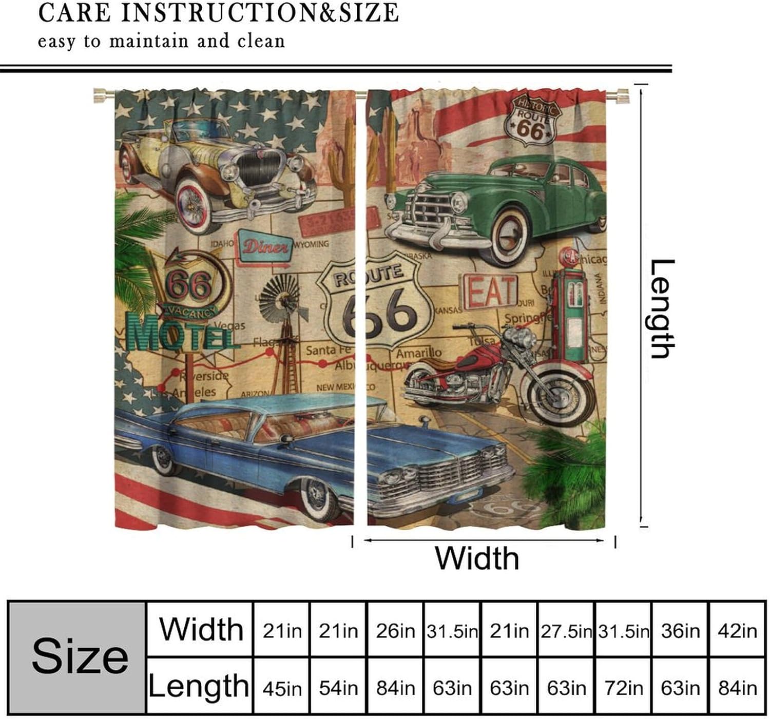 Vintage Car Blackout Curtains, Old Classic Car Theme American Retro Window Treatment for Bedroom Living Room Kitchen Café 55" W X 63" L