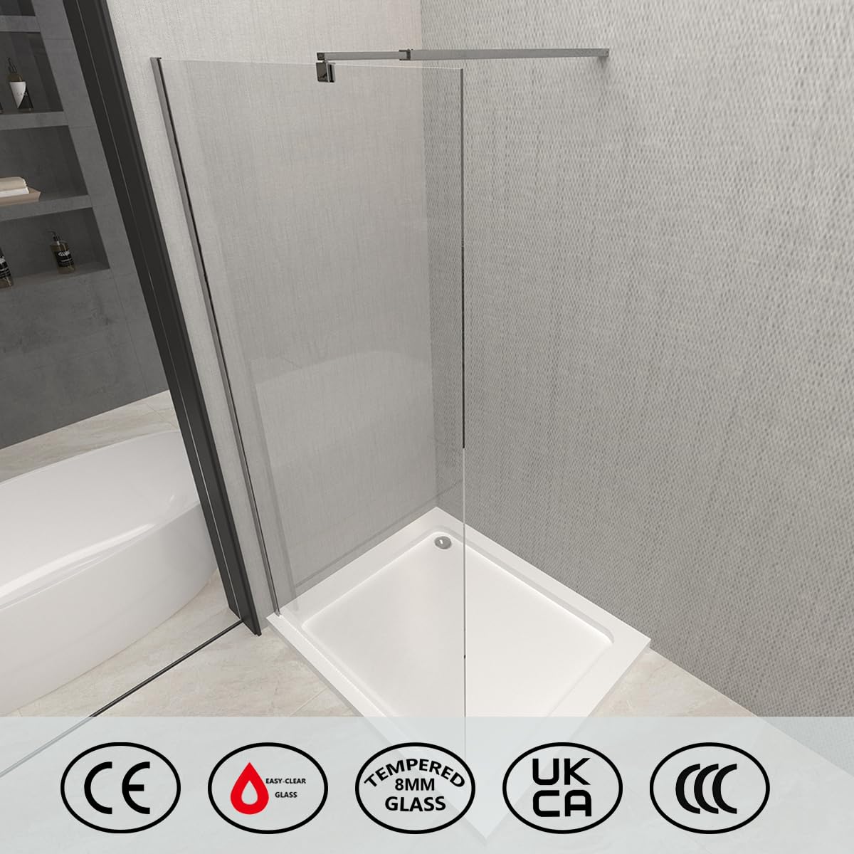 T&K Cabine de douche à l'italienne 80 x 190 cm, paroi de douche pour salle d'eau, cadre chromé, verre trempé de sécurité de 8 mm facile à nettoyer des deux côtés, avec barre de support télescopique