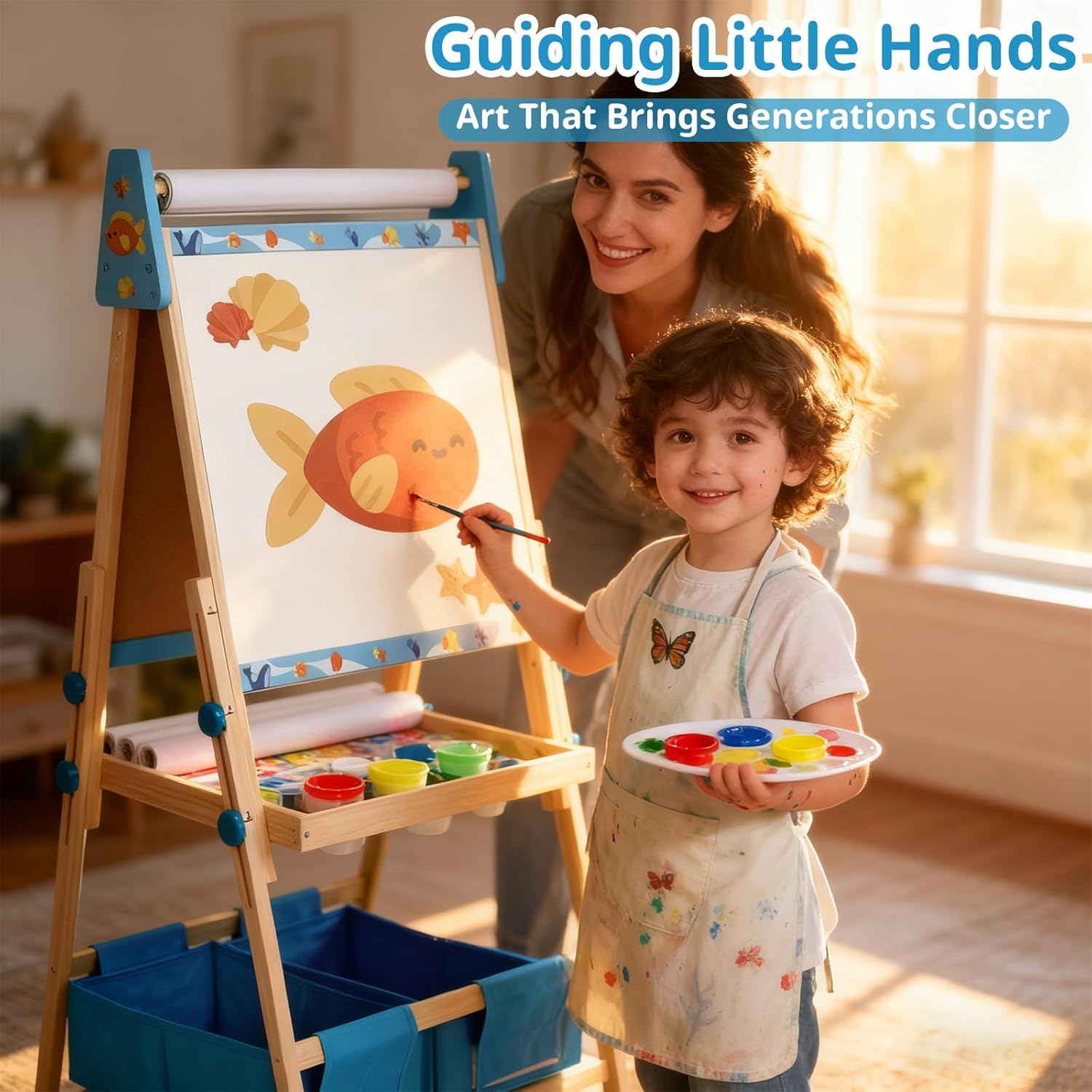 Art Easel for Kids, Kids Art Easel with 3 Paper Roll, Magnetic Whiteboard and Chalkboard, Adjustable Standing Wooden Toddler Easel for Painting Double Sided,3in1 Painting Easel for 2-4 4-8 Blue