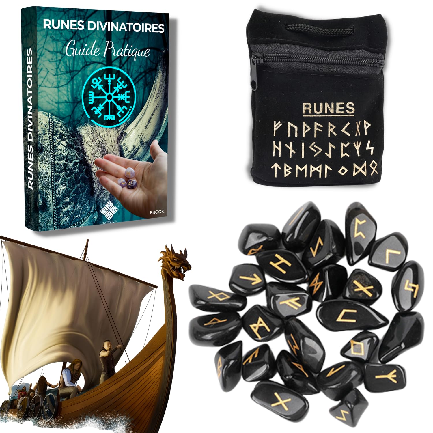 Rune Celtiche Vichinghe Ossidiana Nera, Set x25 Pietre Lucide Semi Preziose Incise (2 cm x 1 cm) + Sacchetto Nero + Libro Pratico (PDF) - Alfabeto runico Futhark per divinazione e cartomanzia