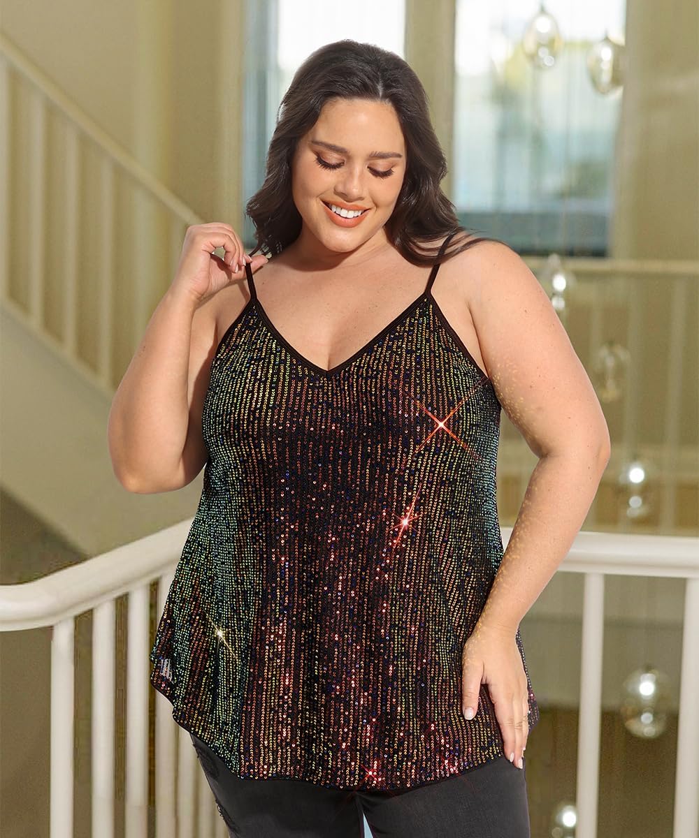 RITERA Plus Size Sequin Tank for Women V Neck Shimmer Sleeveless Tops Glitter Party Spaghetti Sparkle Camisole XL-5XL - Image 2