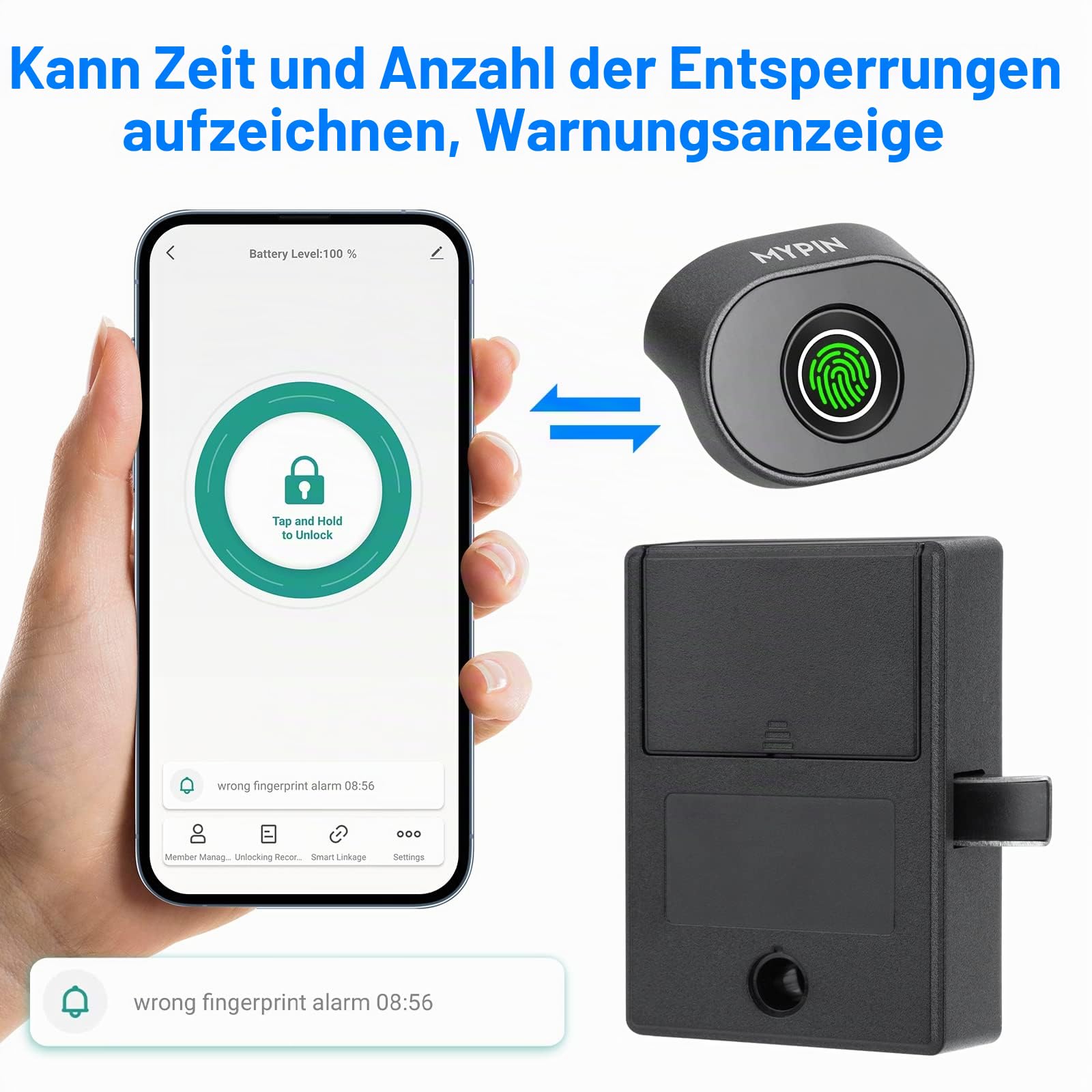 MYPIN Bluetooth Fingerabdruck Schrankschloss, intelligentes biometrisches Schrankschloss, elektrisches Fingerabdruck-Kindersicherheitsschloss, DIY-Holzmöbel-Privatsphäre-Schloss (legierter Stahl)