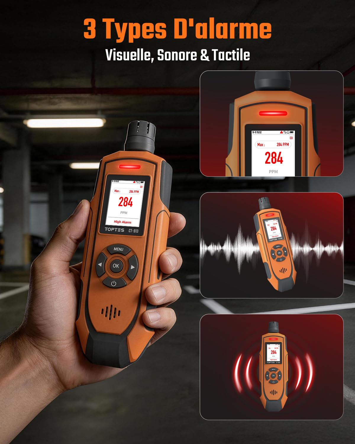 TOPTES CT-913 Détecteur de monoxyde de Carbone Portable, détecteur de CO Rechargeable avec capteur amélioré, écran Couleur TFT et Triple Alarme, 0–1000 ppm pour Camping, Voyage, Usage Professionnel