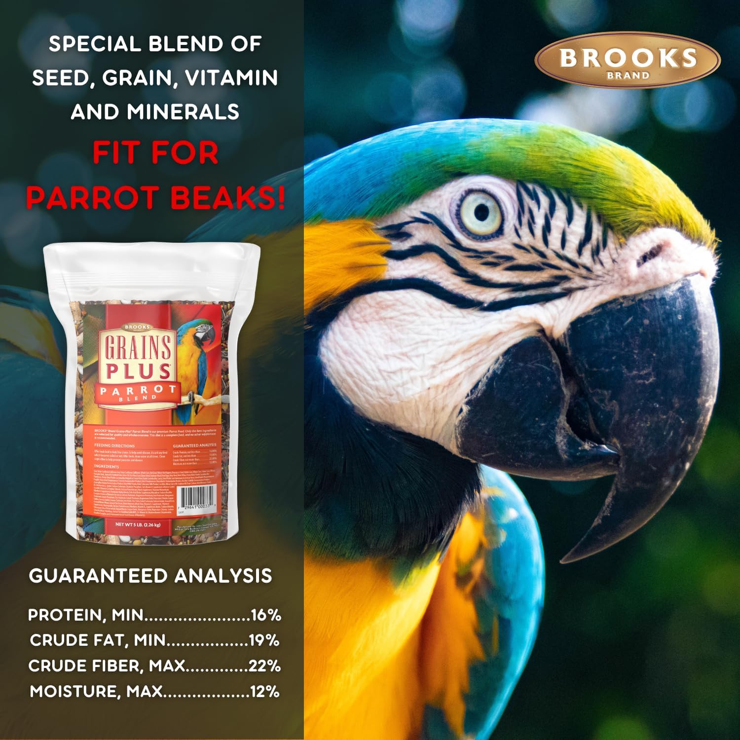 Brooks Brand Grains Plus Parrot Blend, Bird Food Parrot Seed Mix, African Grey Food, Eclectus, Indian Ringneck, Quaker (5 lbs)