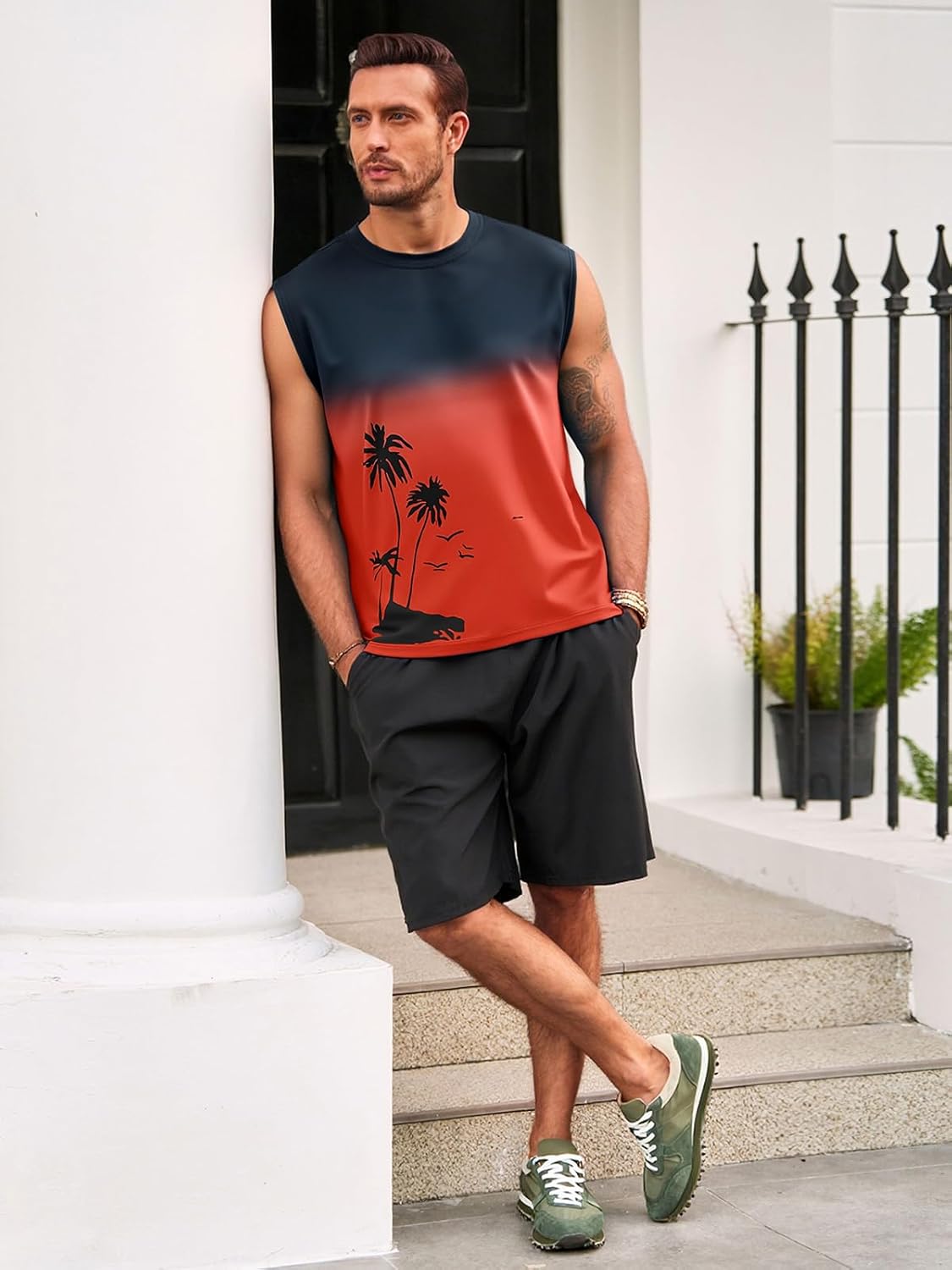 Runcati Mens Graphic Tank Tops Sleeveless Palm Tree Gradient Shirts Beach Hawaiian Gym Muscle Workout Tops - Image 6