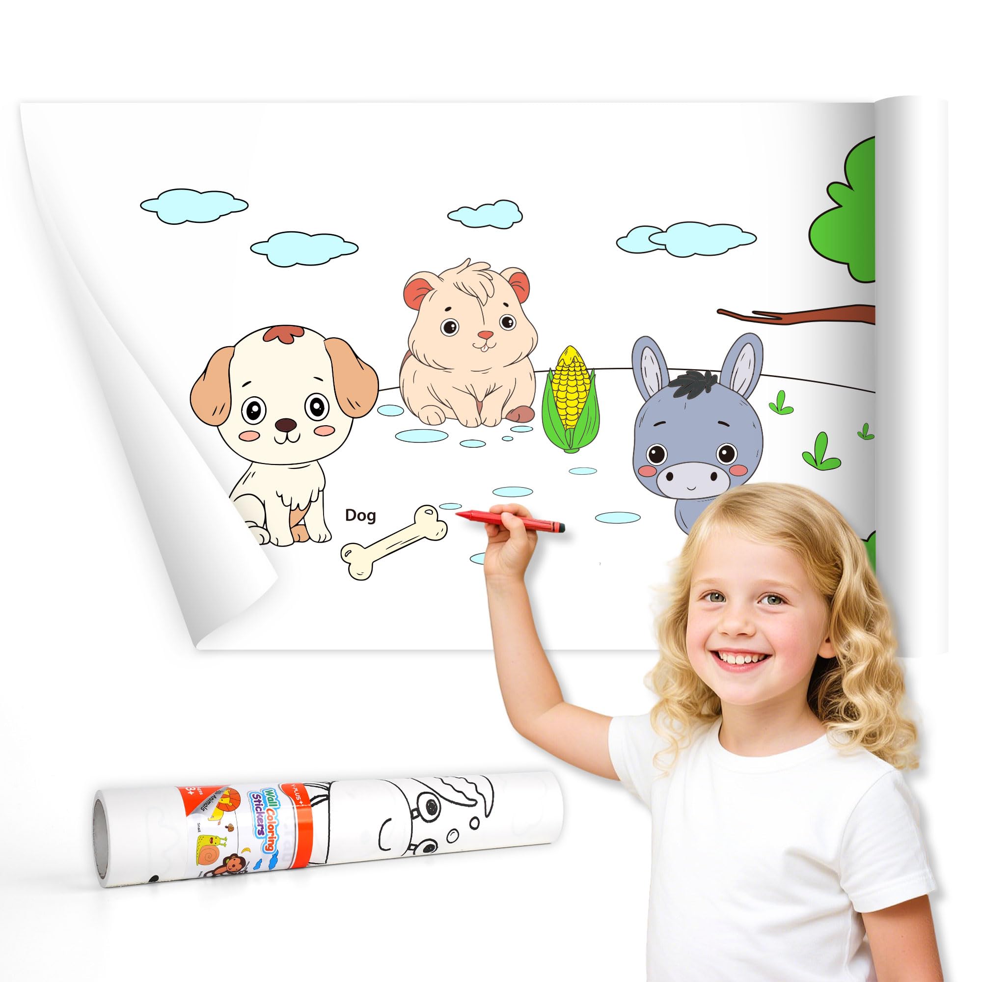 YPLUS Toddler Colouring Roll Paper, 300 x 30 cm Sticky Craft Roll, Mess-Free Art Paper for Kids, Gift for Ages 2-6 Years Animal