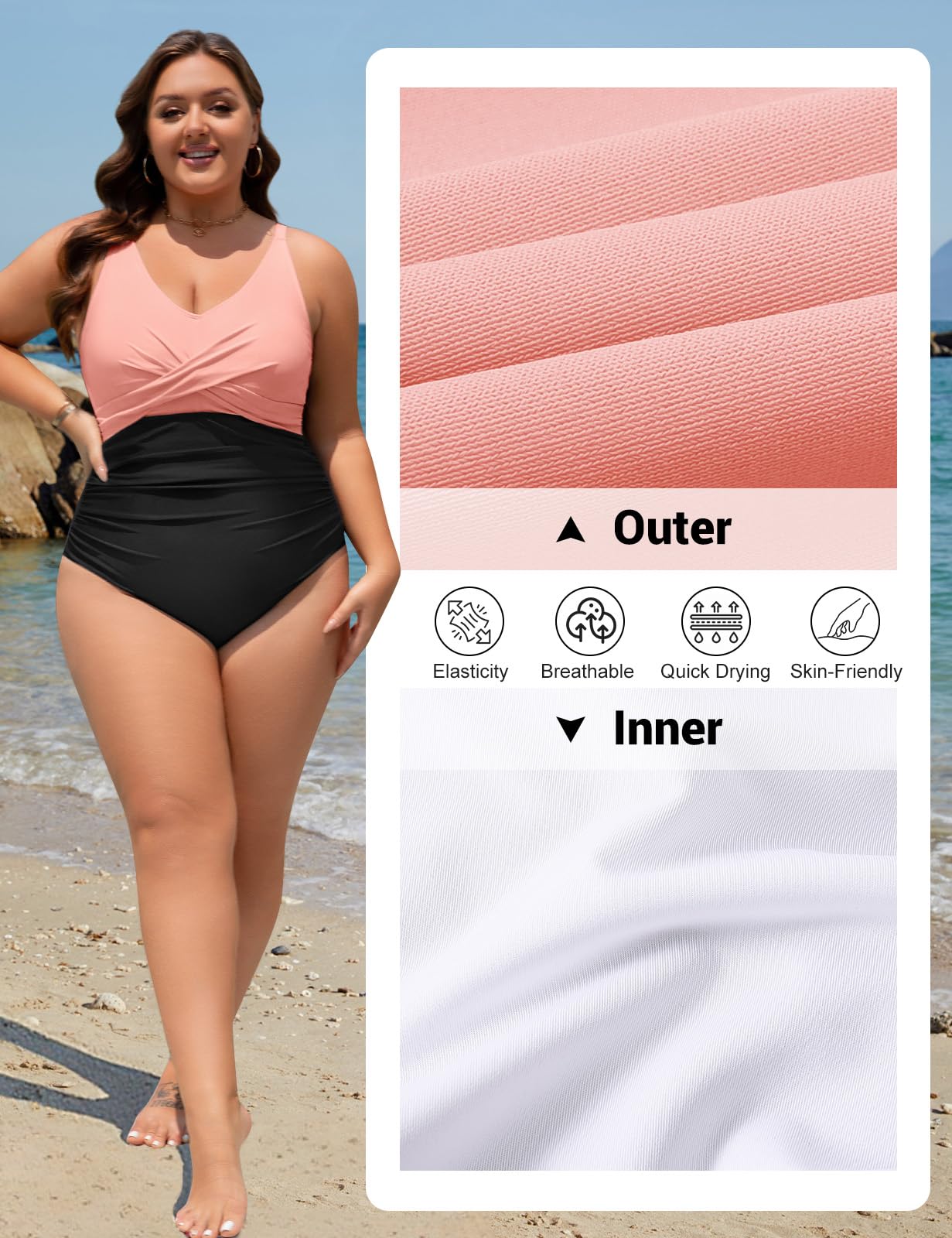 Maillot de Bain Grande Taille Femme 1 Piece Ventre Plat Swimsuit Sexy Col en V Maillot de Bain Réglable Push Up Rembourré Grosses Poitrines Monokini L-4XL
