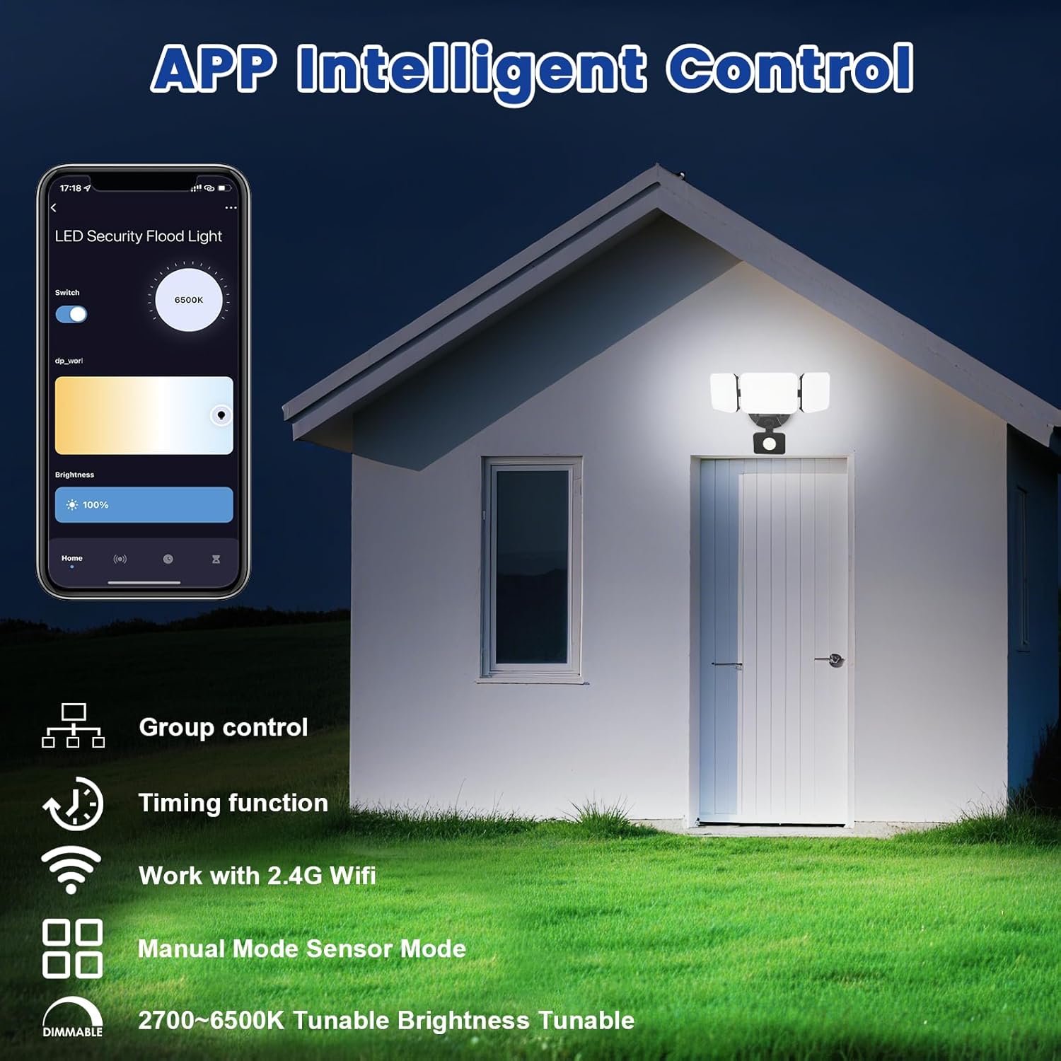 Smartphone screen showing the Smart Life app interface for controlling the LED Security Flood Light, with options for brightness, color temperature, and mode selection.