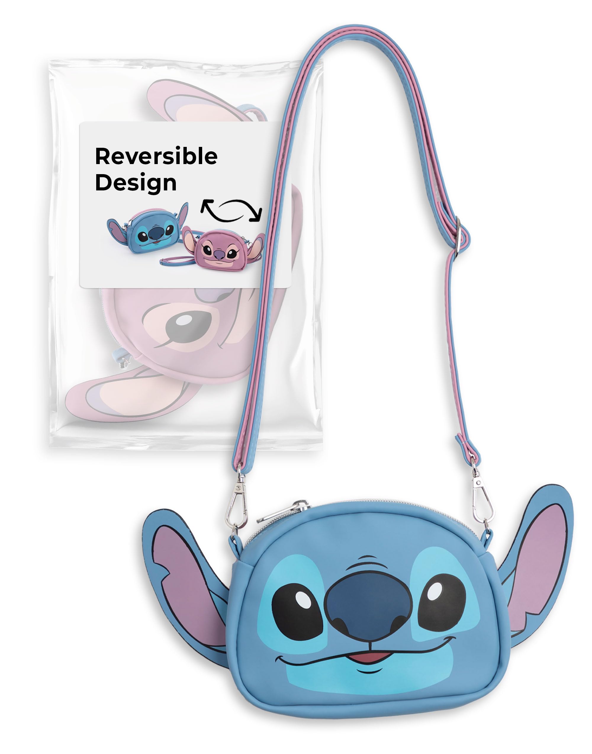 Disney Lilo & Stitch doppelseitige Umhängetasche, blaue Stich- und Engelfiguren-Handtasche, verstellbarer Riemen, kleine Tragetasche, Filmartikel für Kinder