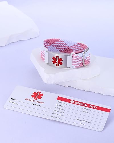 Miniatura 7 de Pulseras de alerta médica para mujeres, hombres, niñas, niños, pulsera de identificación médica personalizada con pulsera elástica trenzada de