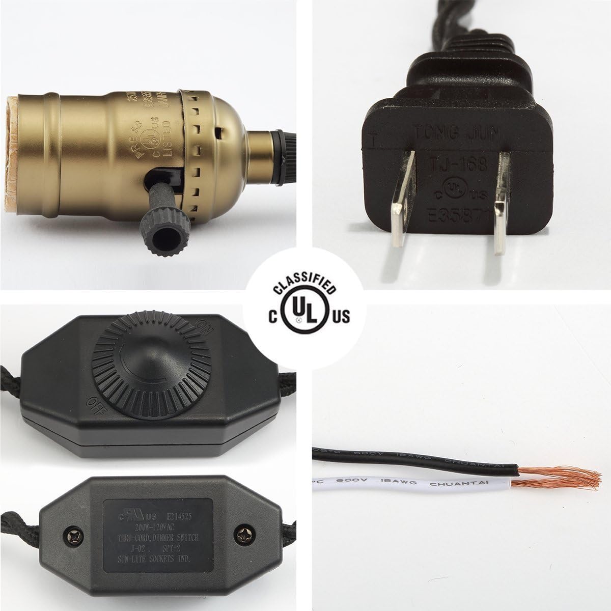 Supmart Single Vintage Edison Socket plug in Pendant Light Kit Cord with Dimmer Switch and 15FT Twisted Black Cloth Cord Antique Hanging Light Fixture