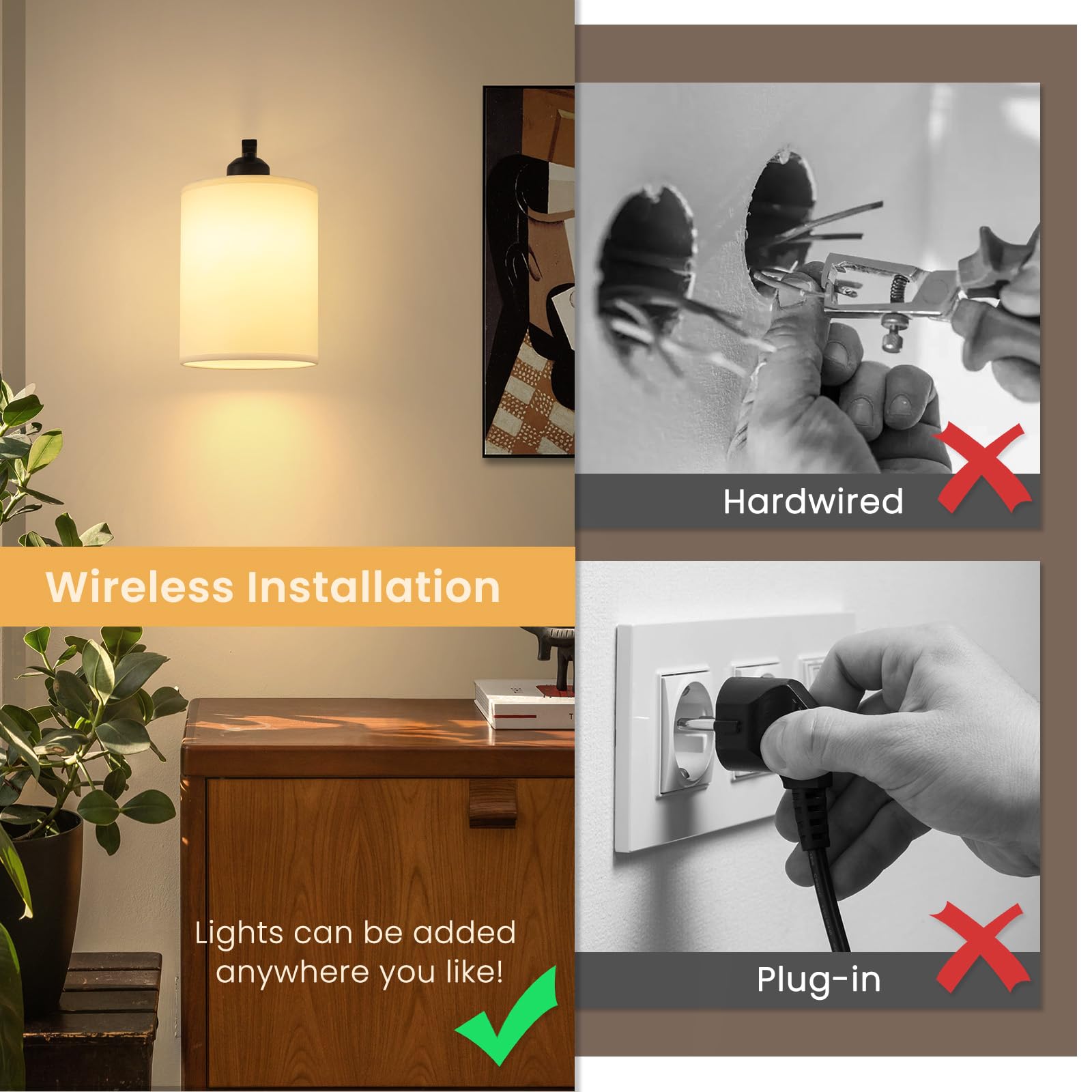 Aplique de pared a pilas con control remoto, juego de 2 luces de pared recargables negras, juego de 2, aplique de pared inalámbrico de 15 colores con bombilla desmontable regulable de 3000 mAh para 3