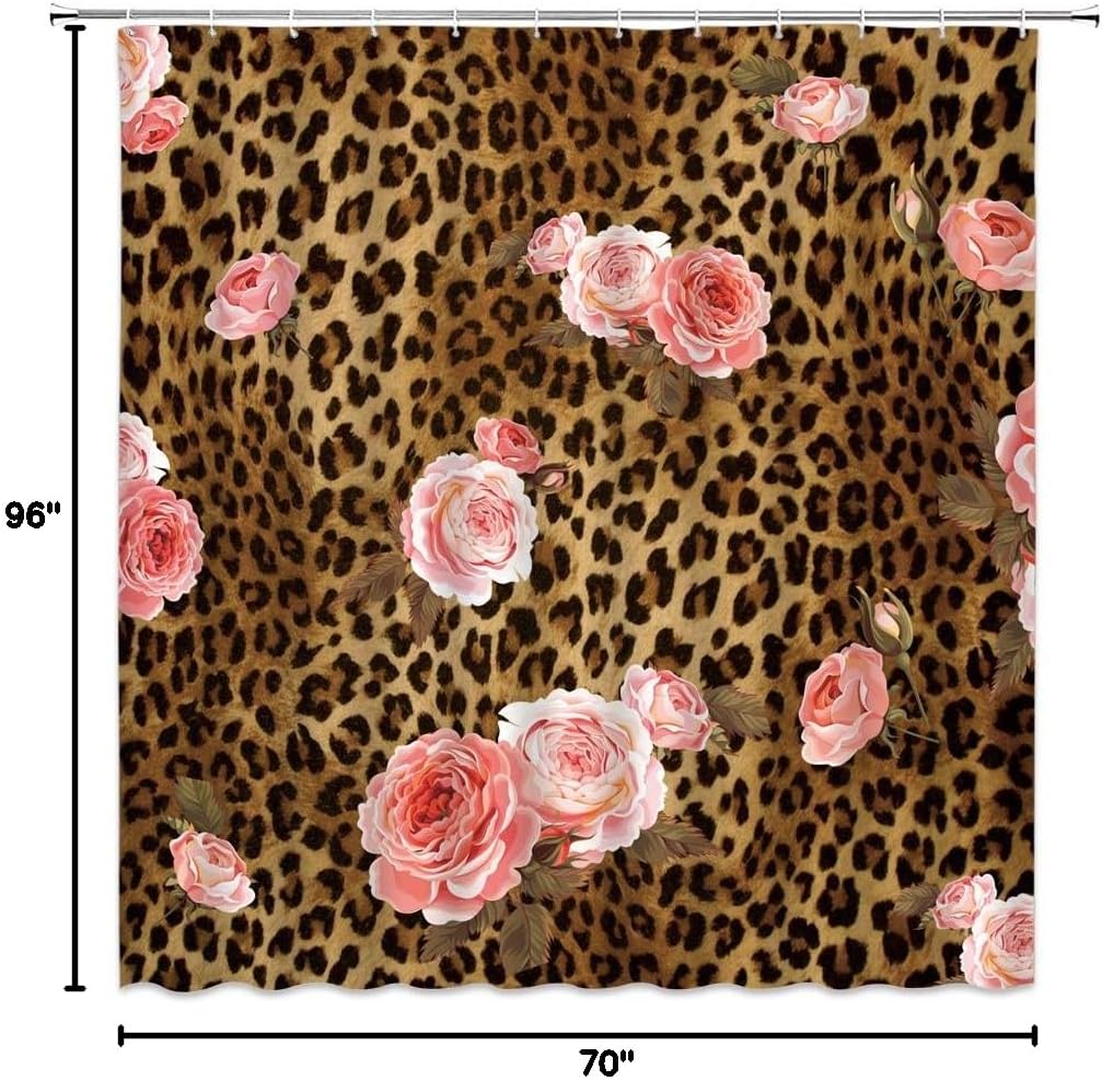 Leopard Flower Shower Curtain Cute Pink Rose Floral Mix Wild Animal Leopard Pattern Background Creative Brown Modern Art Home Bathroom Decor Quick Dry Fabric Curtain with Hooks