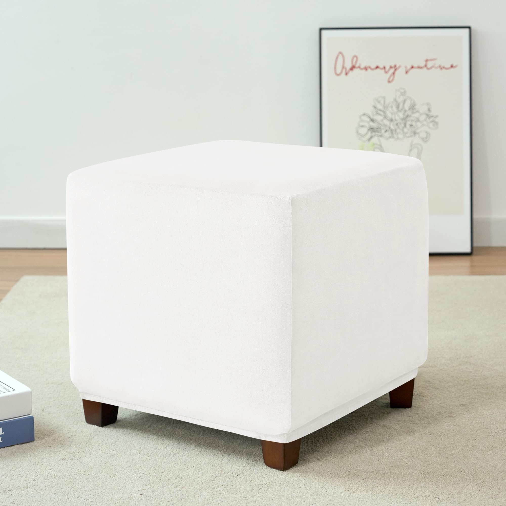 CONRUSER Stretch Ottoman Covers, Soft Square Ottoman Slipcover Velvet Storage Stool Cover Footstool Slipcover for Living Room Furniture Protector (White, Small)