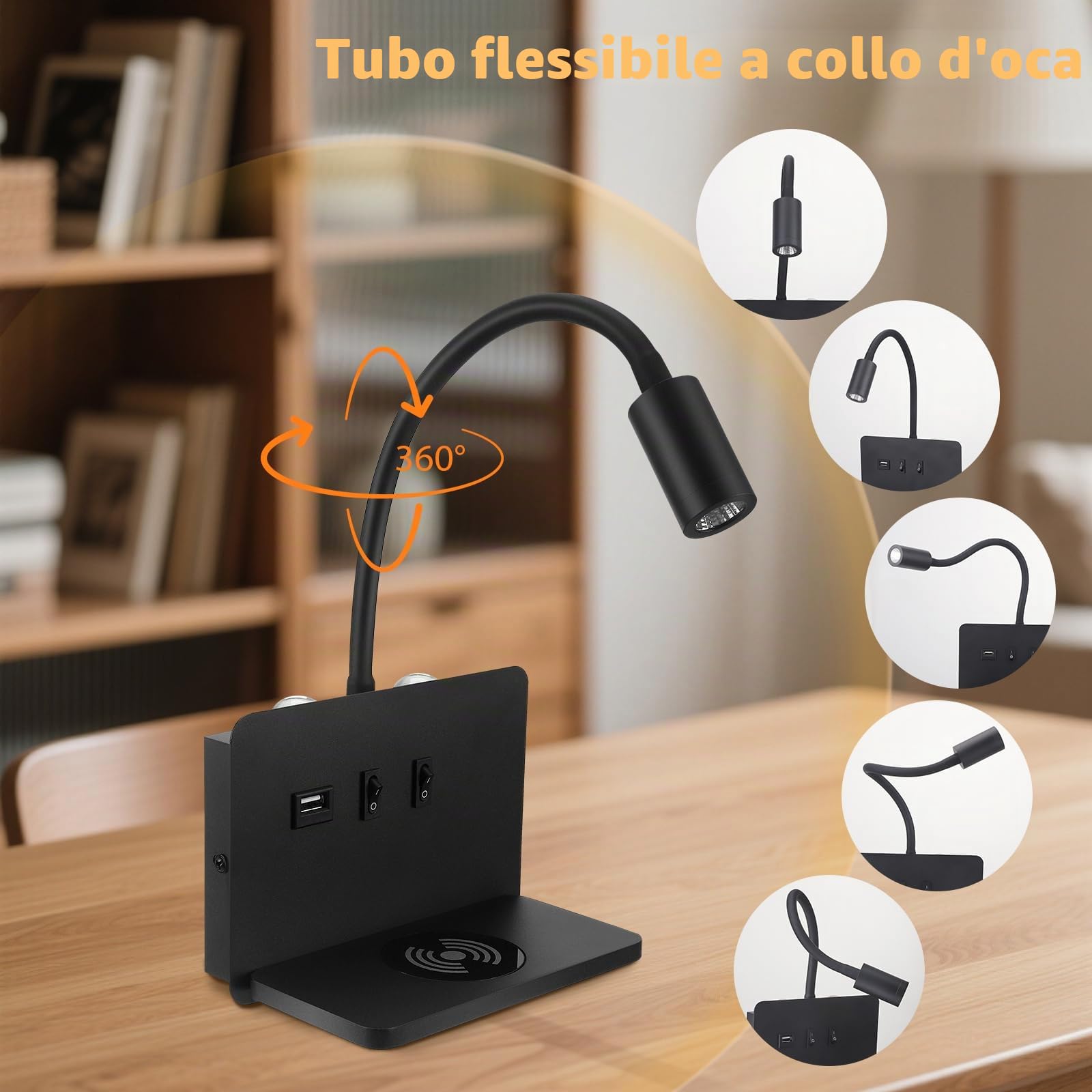 Lampada da Parete per Comodino con Porta di Ricarica USB e Caricatore Wireless, Lampada da Lettura 3W + 9W 3000K, Faretto Regolabile Luce Ambientale per Camera da Letto(Nero)
