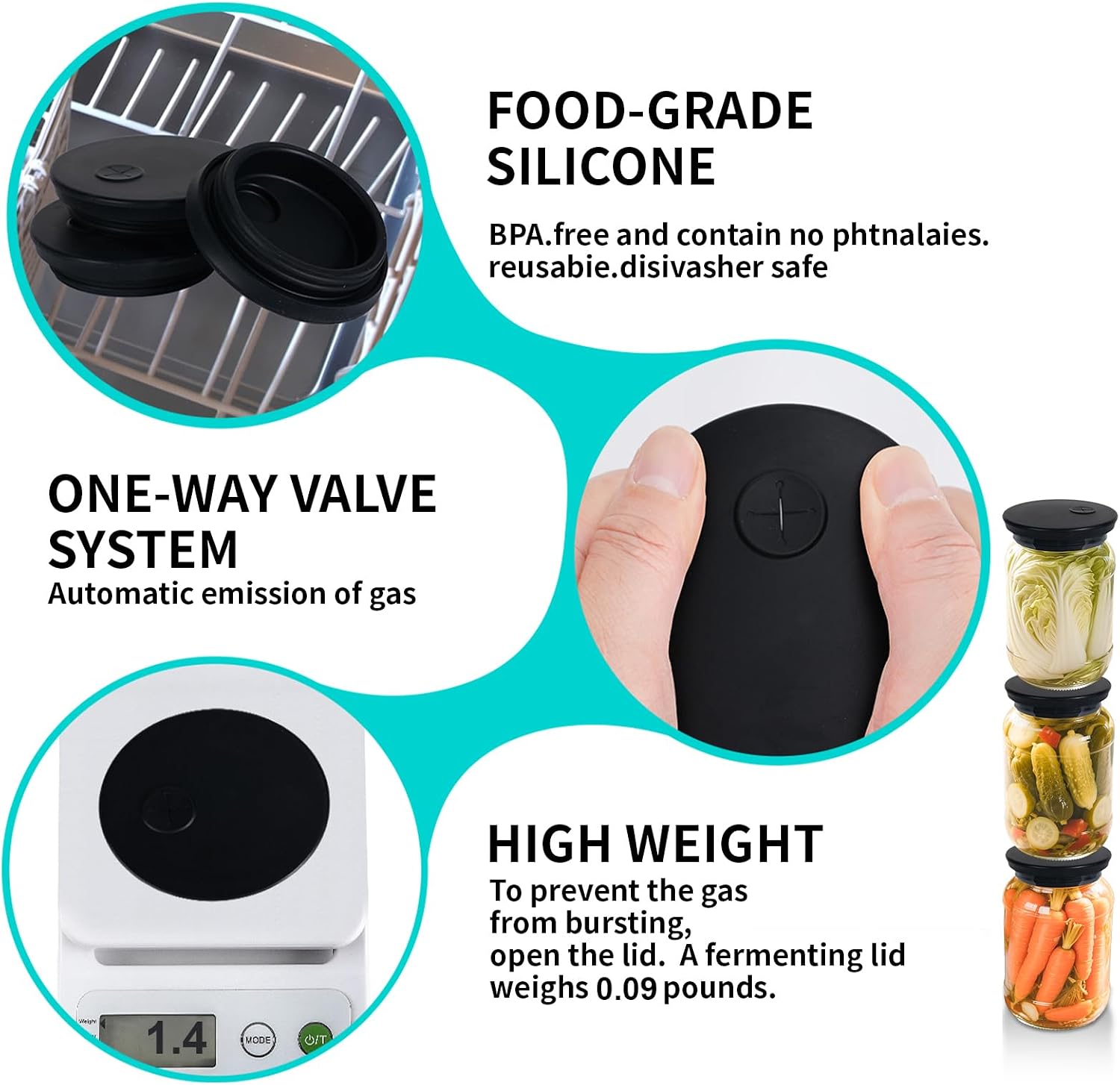 Fermentation Lids Silicone Waterless Airlock Fermenting Lids for Regular Mason Jars For Making Pickled and Fermented Probiotic Foods 3 Pack (Jars Not Included) (Black)