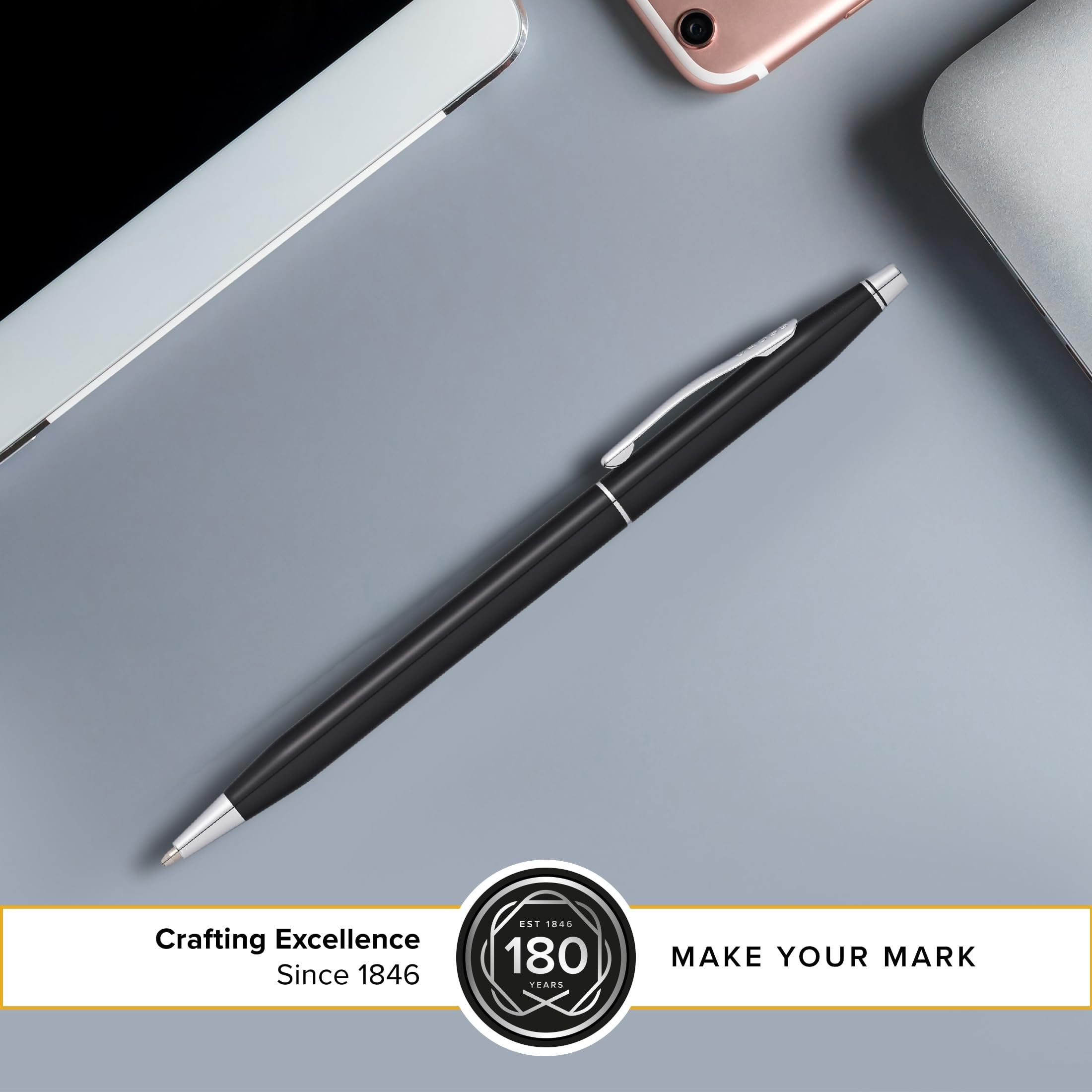 Cross Classic Century Tintenroller (mit Kappe, Strichstäke M, Schreibfarbe: schwarz, nachfüllbar, inkl. Premium Geschenkbox) Schwarz-Lack chromplattiert