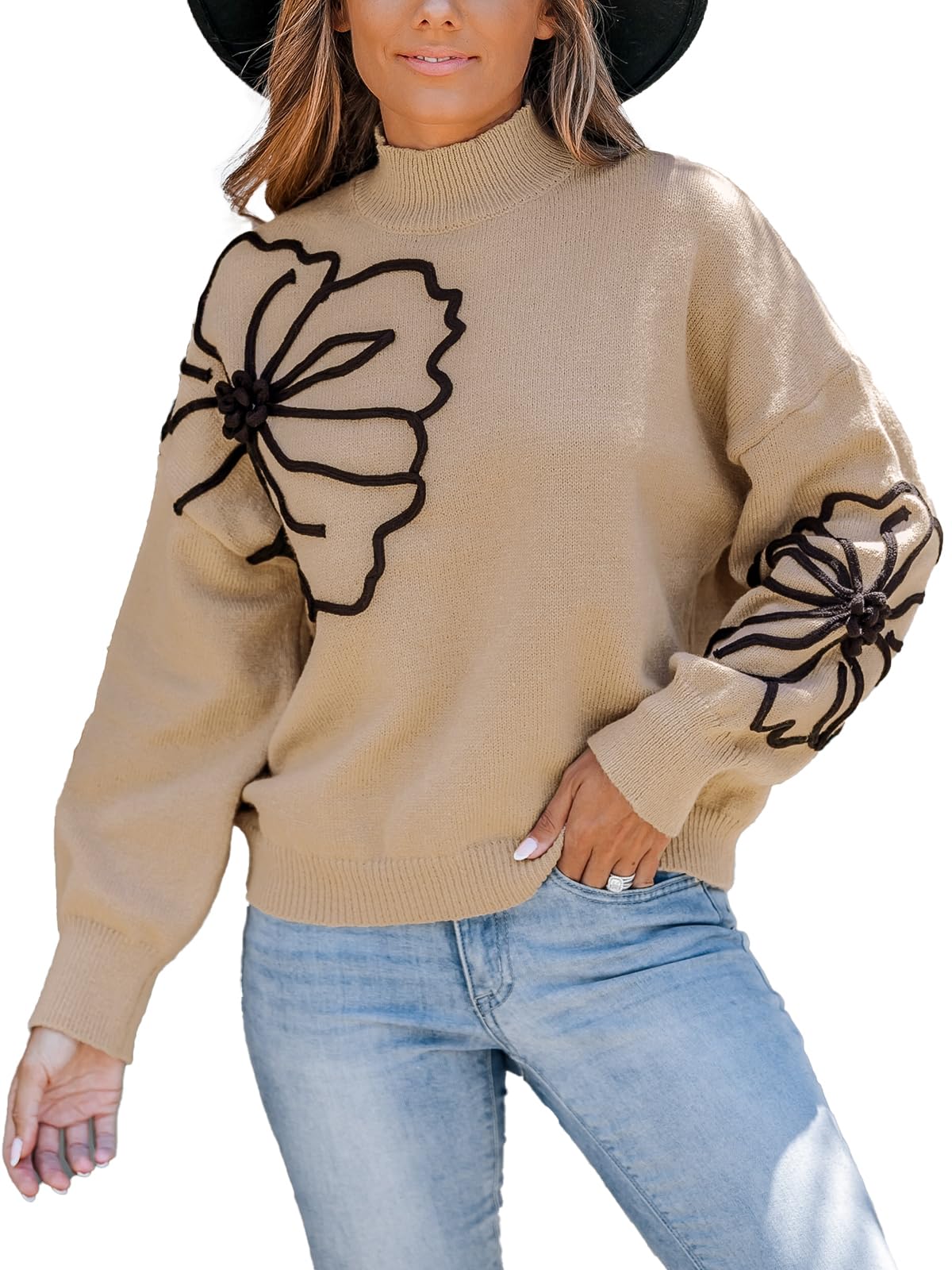 CUPSHE Womens Sweaters Mock Neck Long Sleeve Sweater Floral Lightweight Knit Pullover Sweater Tops Tops