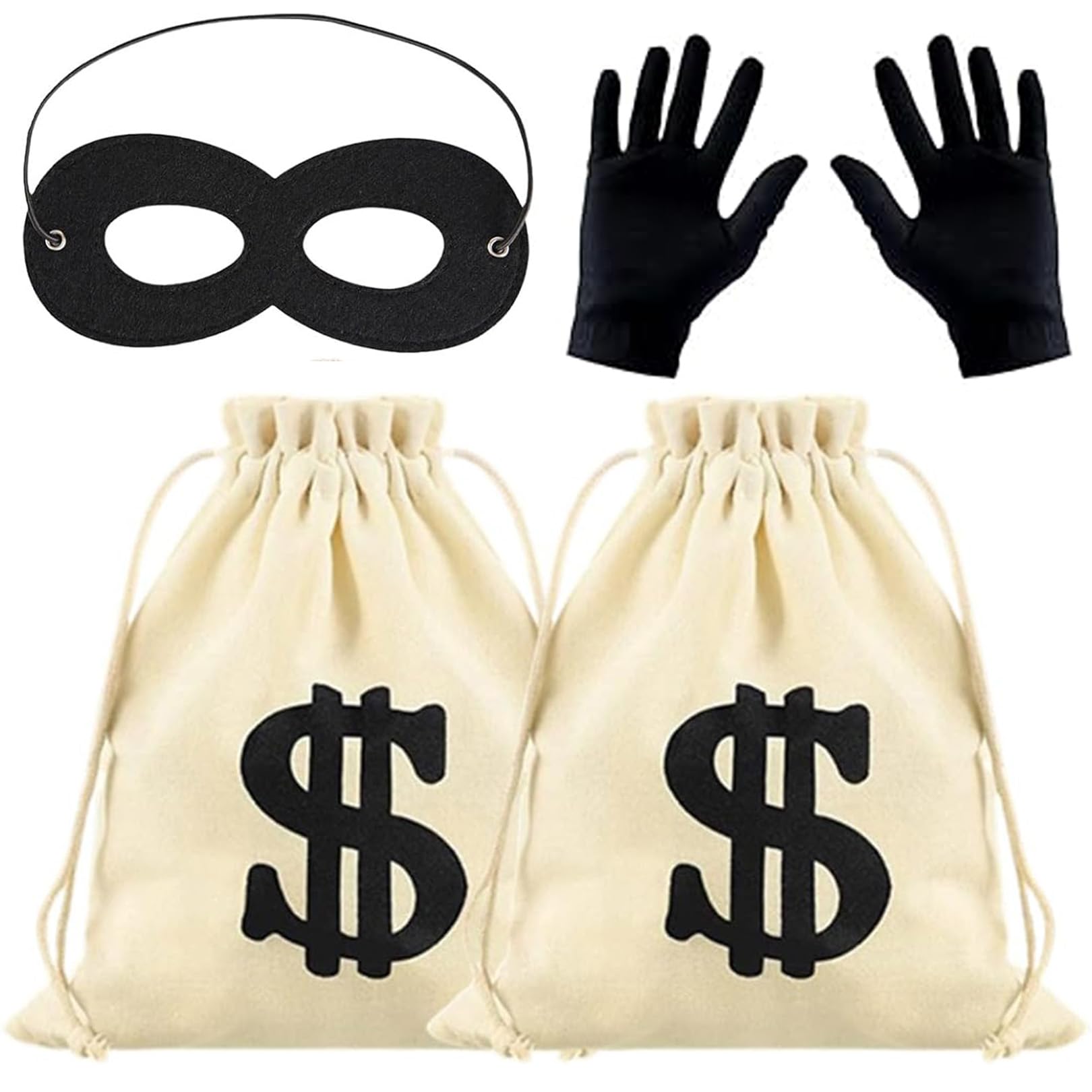 2Pcs Money Bags,17x25cm Drawstring Canvas Bag,1 Pair Thief Gloves &1Pcs Black Bandit Eye Mask,Creative Cash Coins Pouches,for Fancy Dress Halloween Party Favors Pirate Cowboy Cosplay Theme Party Swag