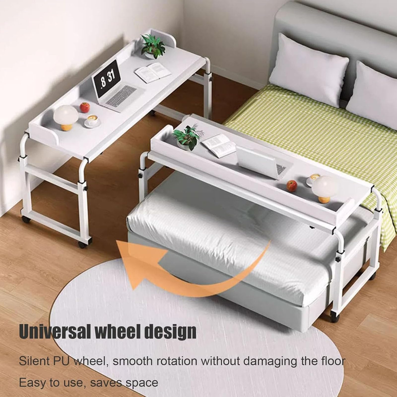 Mesa con Ruedas, Rolling Bed Laptop Desk Lap Desk Bed Escritorio de Ordenador Ajustable en Altura Estación de Trabajo de pie Bandeja de Comida Mesa para sofá Silla Cama Queen Size(Natural)