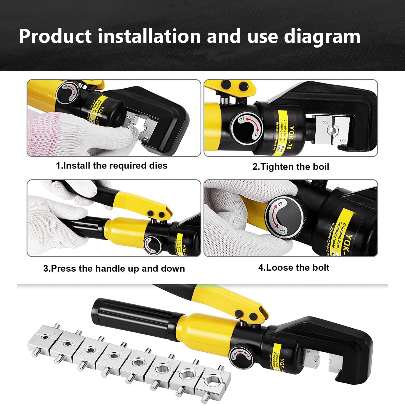 8 tonowa hydrauliczna zaciskarka do końcówek kablowych, 16 narzędzie do zaciskania matryc 4-70 mm² dla specyfikacji DIN AWG JIS