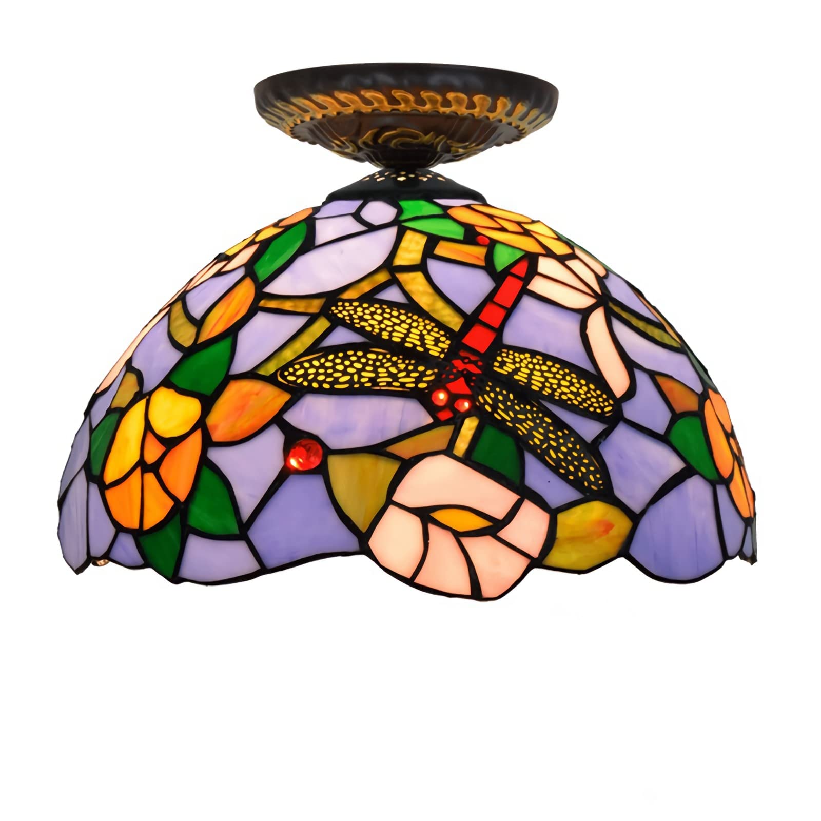 YNIYUJKL Dragonfly Ceiling Light Flush Mount, 12 Inch Tiffany-Style Stained Glass Chandeliers, E26 Bulb, Dimmable Victoria Style Ceiling Lamp For Living Room, Bedroom, Hallwa