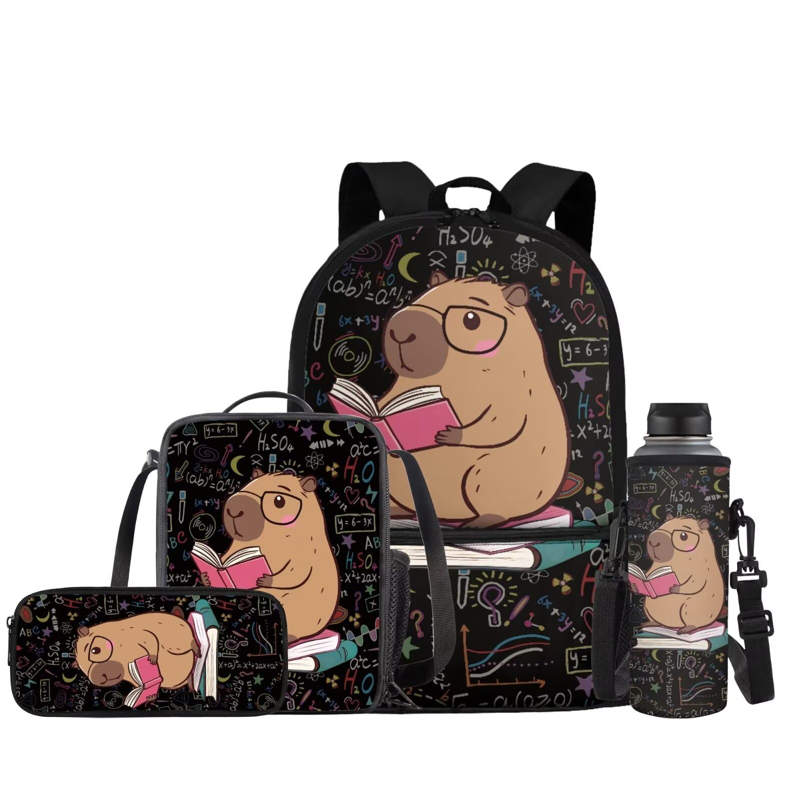 JEOCODY Capybara Backpack for Kids Girls Boys School Bag with Lunch Bag Pencil Case and Water Bottle Holder Set of 4 School Daypack Travel Bag Satchel