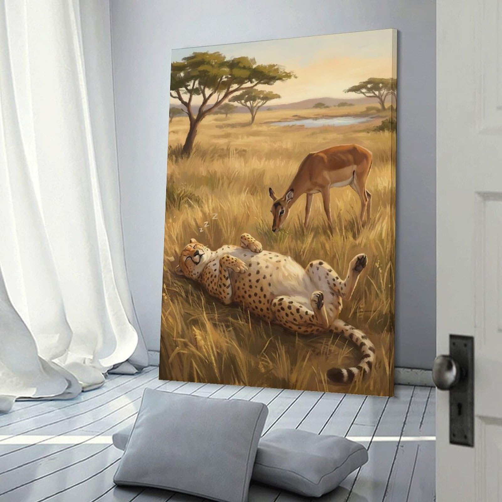 Junmoney Canvas Art Print Sleeping Cheetah And Grazing Impala, 24x36inch(60x90cm), for New Homes, Bedrooms Or Workspaces, Thoughtful Wall Decor for Art Lovers