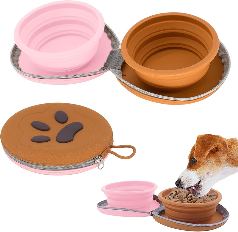 Tigela retrátil dupla para cães e gatos PawSailor, silicone, marrom e rosa, PBW02