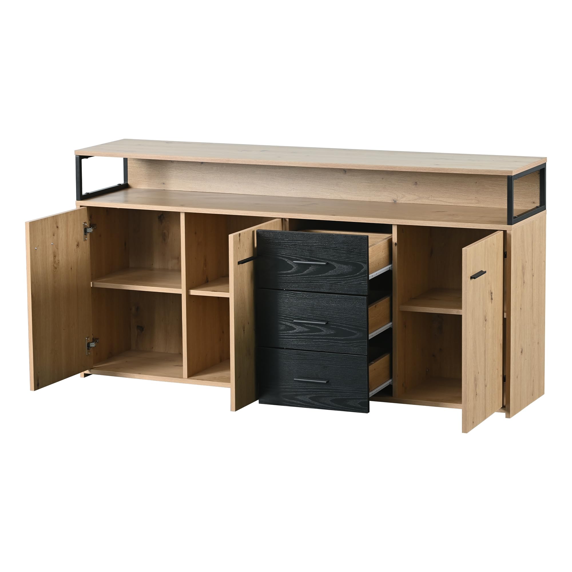 Un aparador de estilo industrial de 150 x 35 x 75,9 cm con tres puertas y tres cajones, asas de metal macizo, adecuado para dormitorio, sala de estar y oficina, se puede utilizar como taquilla y mesa