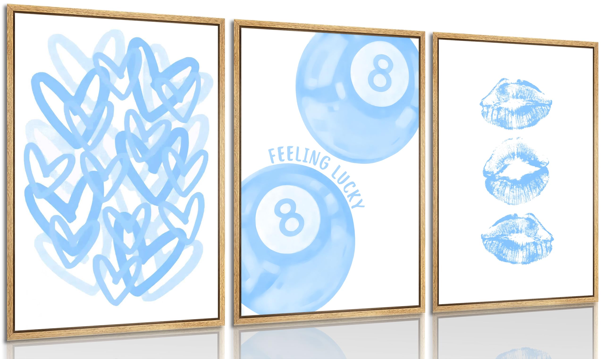 LMYSXAOZ 3Pcs Trendy Blue Preppy Canvas Wall Art Light Cute Girly Lips Lucky 8 Ball Hearts Paintings Pictures Decor Printing Artwork for Bedroom Home Decoration Unframed 12x16inch