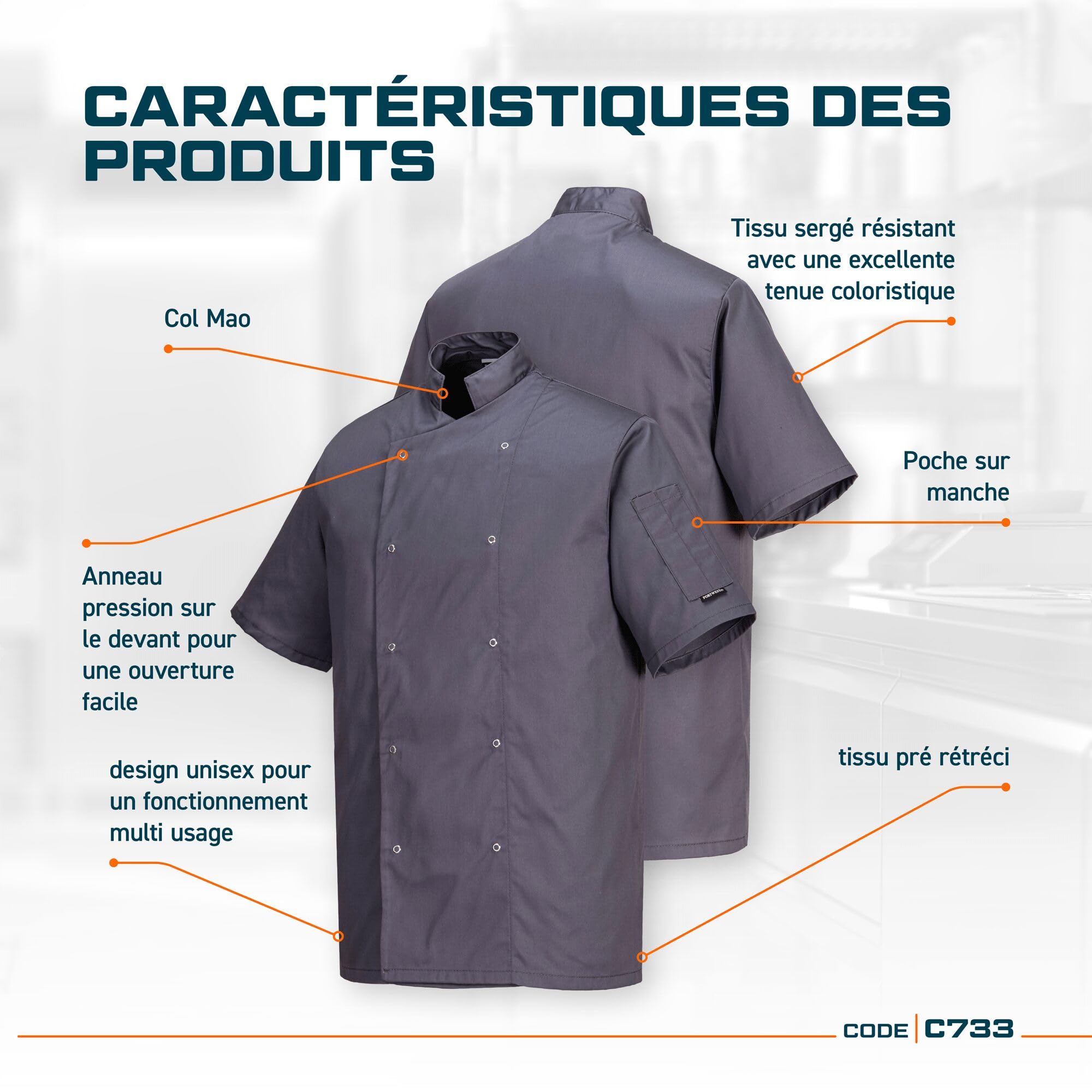 Portwest C733 Cumbria C733BKRXS Veste de chef Gris ardoise Taille S Mixte (lot de 1)