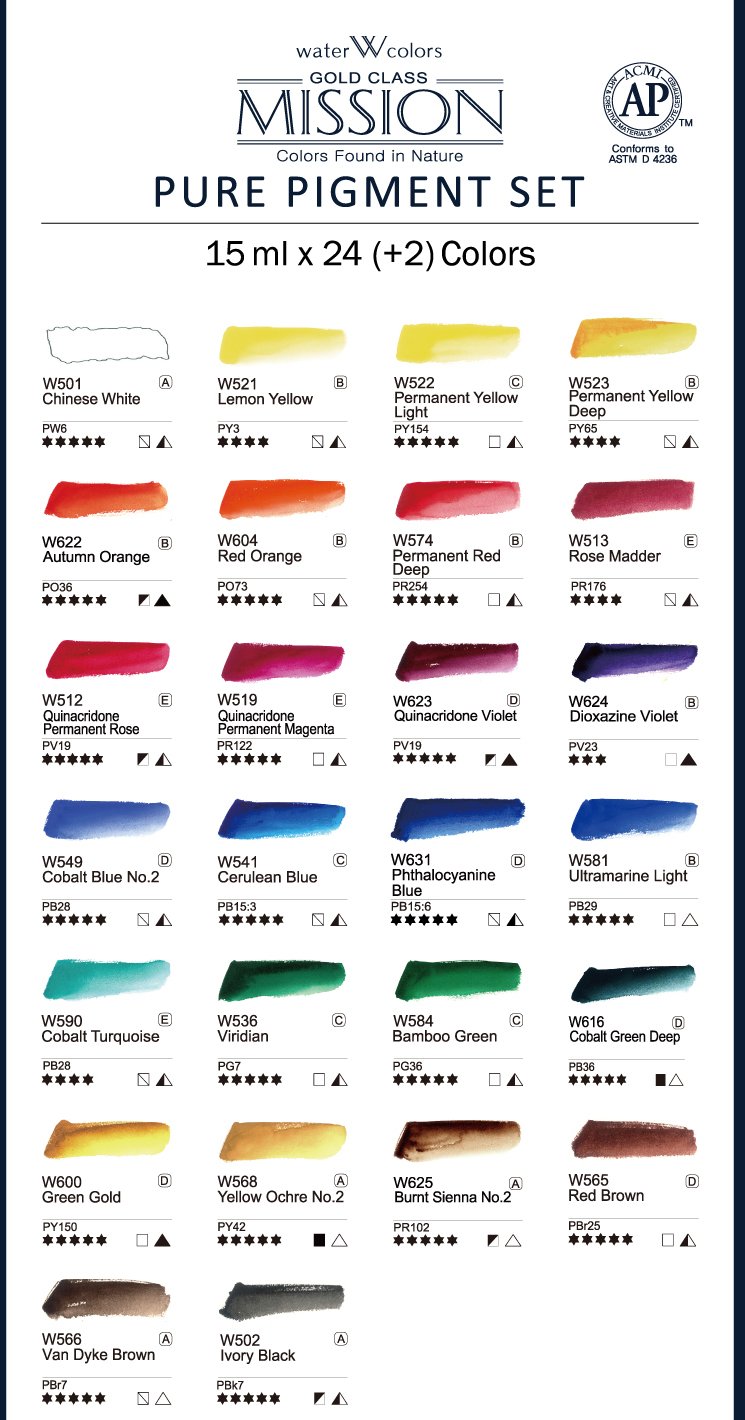 Mijello Mission Gold Class Pure Pigment Aquarelle MWC-1524P, 15 ml x 24 couleurs (7 ml x 2 pièces)
