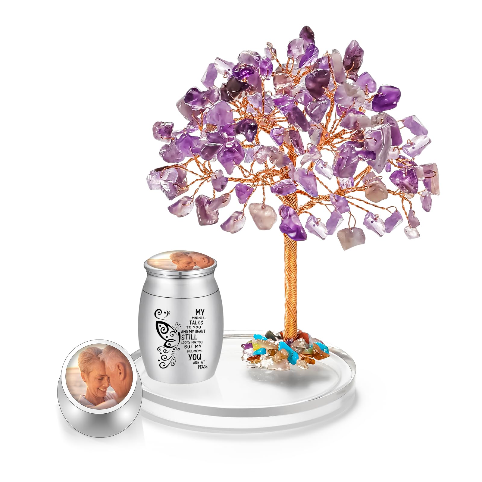 Photo Personalized 1.57" Small Urns for Human Ashes Keepsake, Stainless Steel Mini Urn for Ashes with Amethyst Crystal Tree Decoration, Butterfly